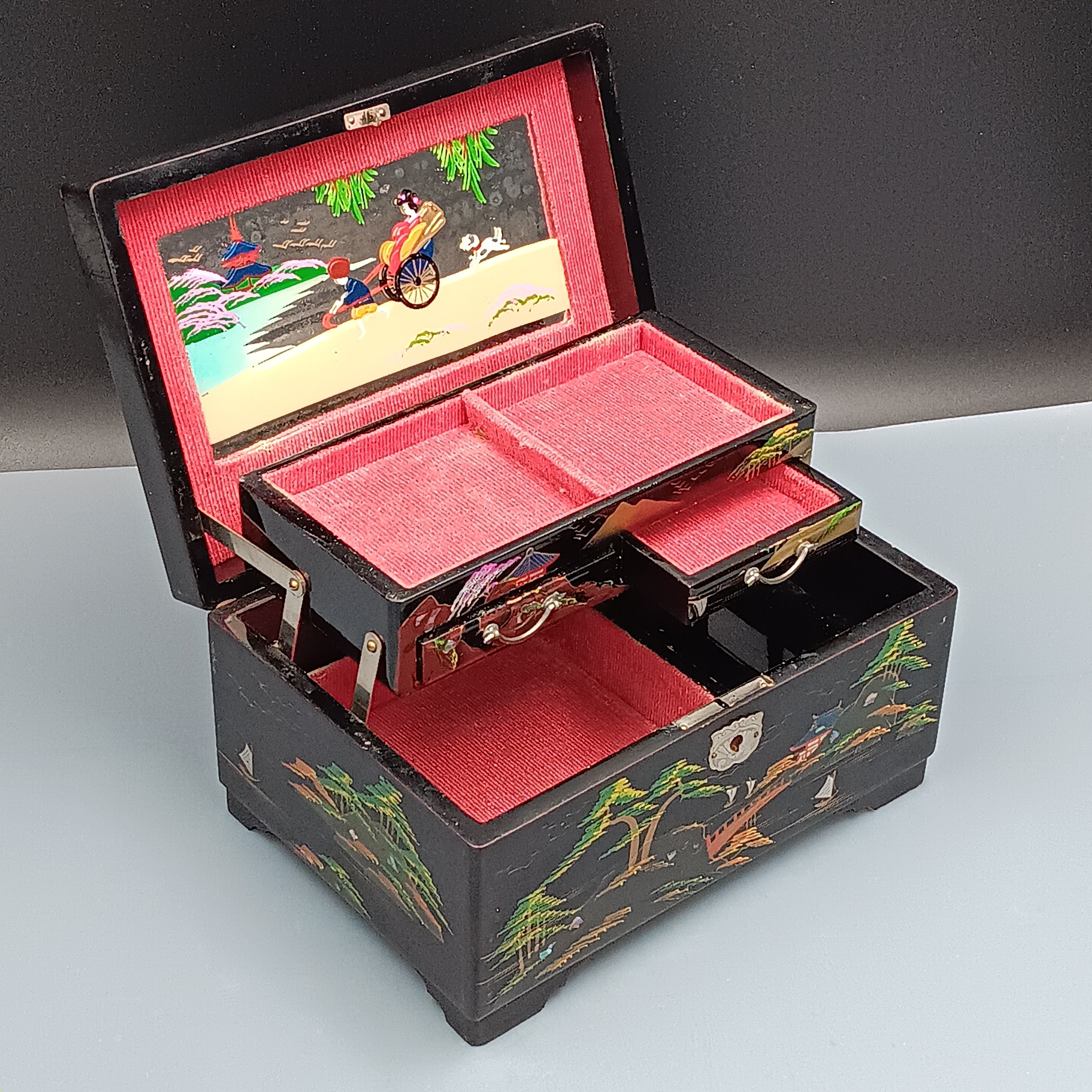 Vintage Musical Japanese Lacquer Jewelry Box with Hand-Painted Design & Abalone Inlay