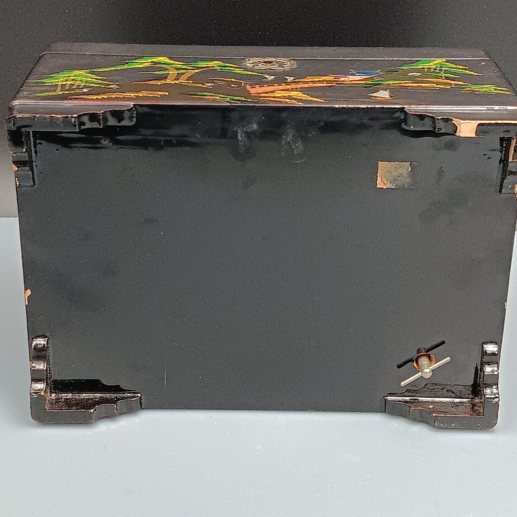 Vintage Musical Japanese Lacquer Jewelry Box with Hand-Painted Design & Abalone Inlay