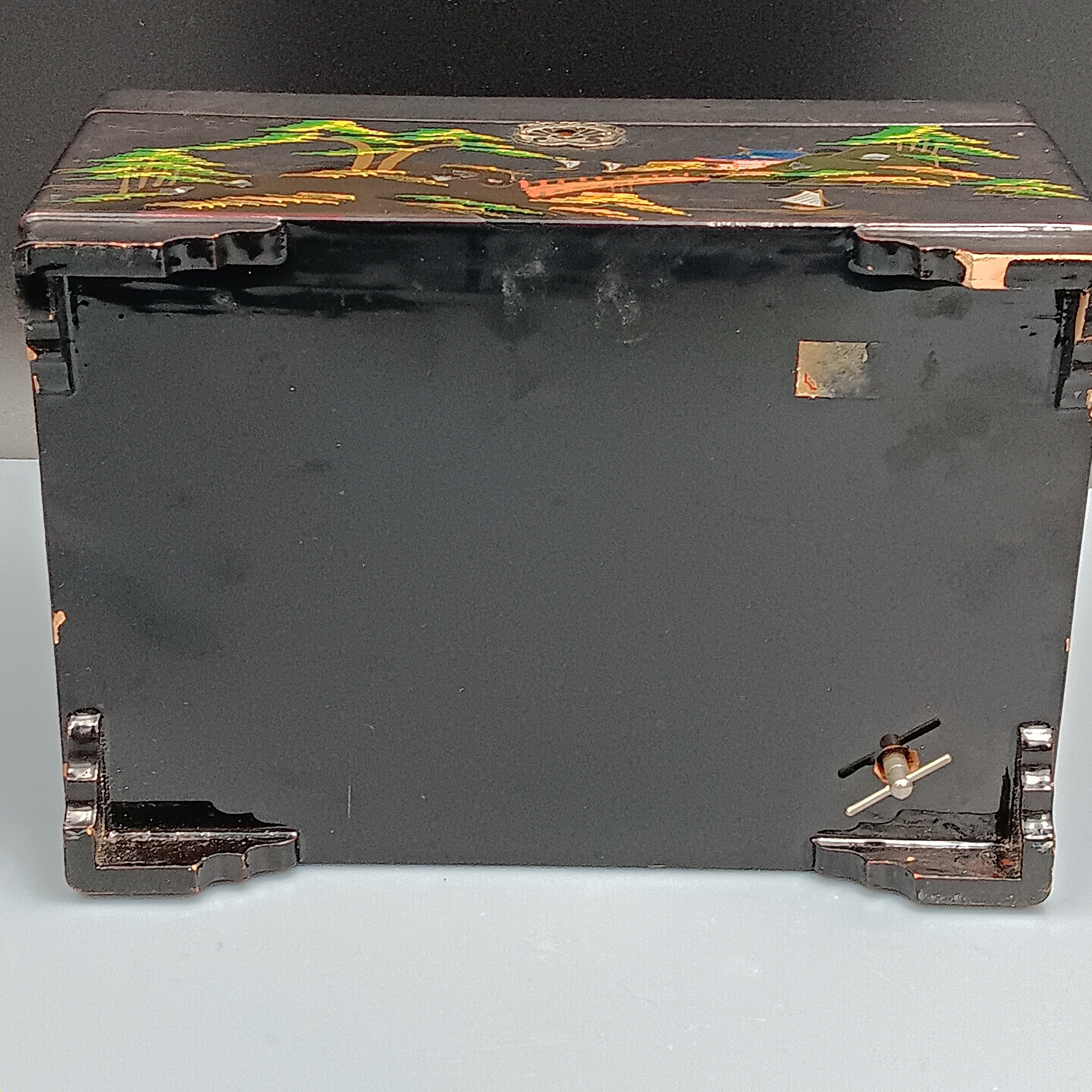 Vintage Musical Japanese Lacquer Jewelry Box with Hand-Painted Design & Abalone Inlay