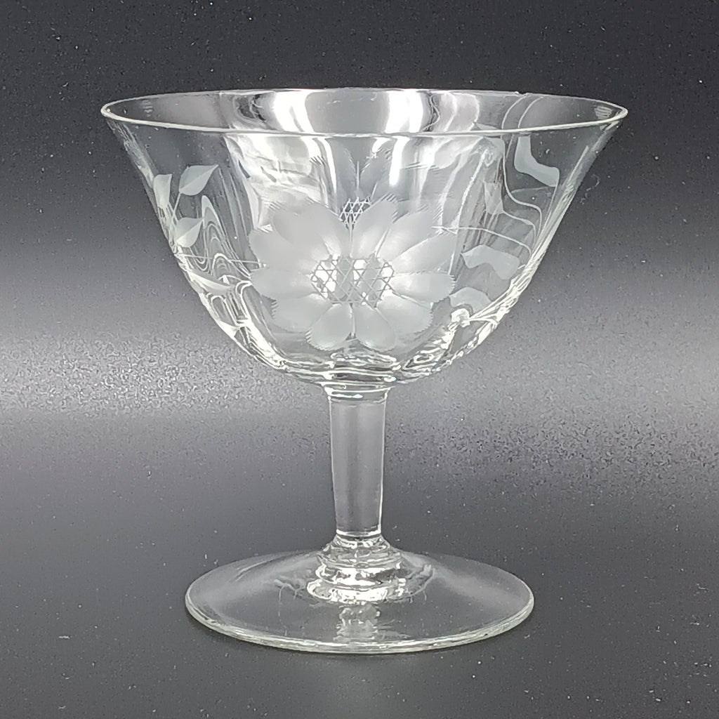 Vintage W.J. Hughes Cornflower sherbet glass with etched floral design, featuring a wide bowl, short stem, and flat base, crafted from clear crystal