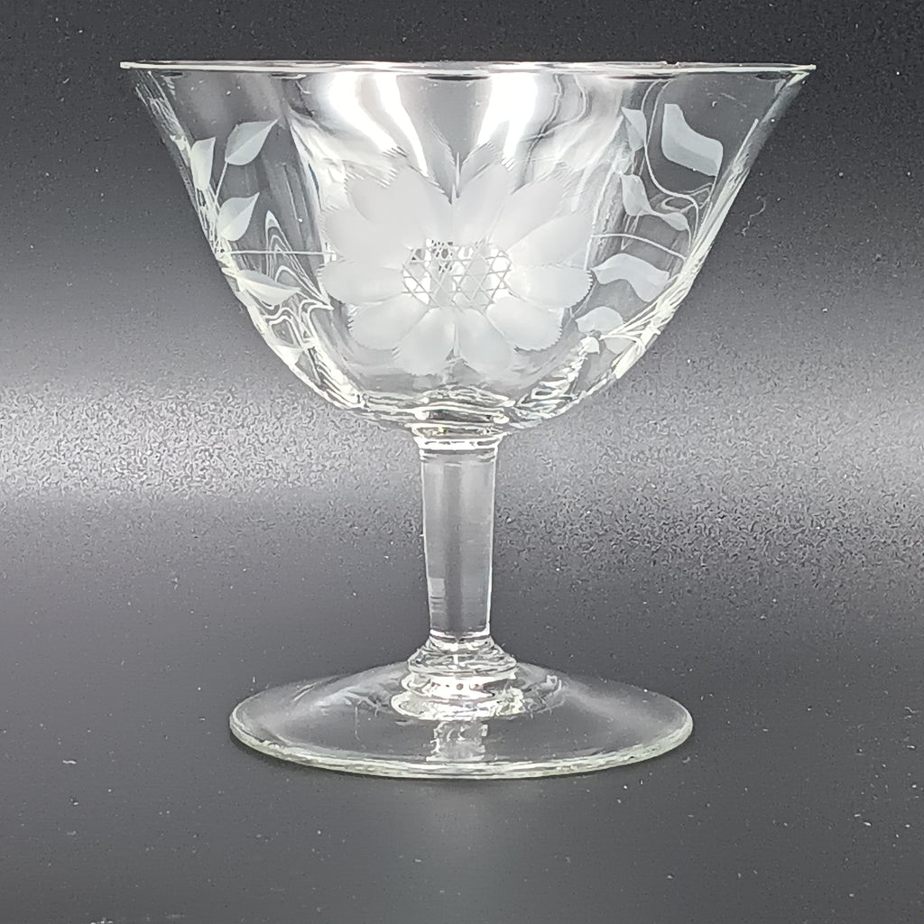Vintage W.J. Hughes Cornflower sherbet glass with etched floral design, featuring a wide bowl, short stem, and flat base, crafted from clear crystal
