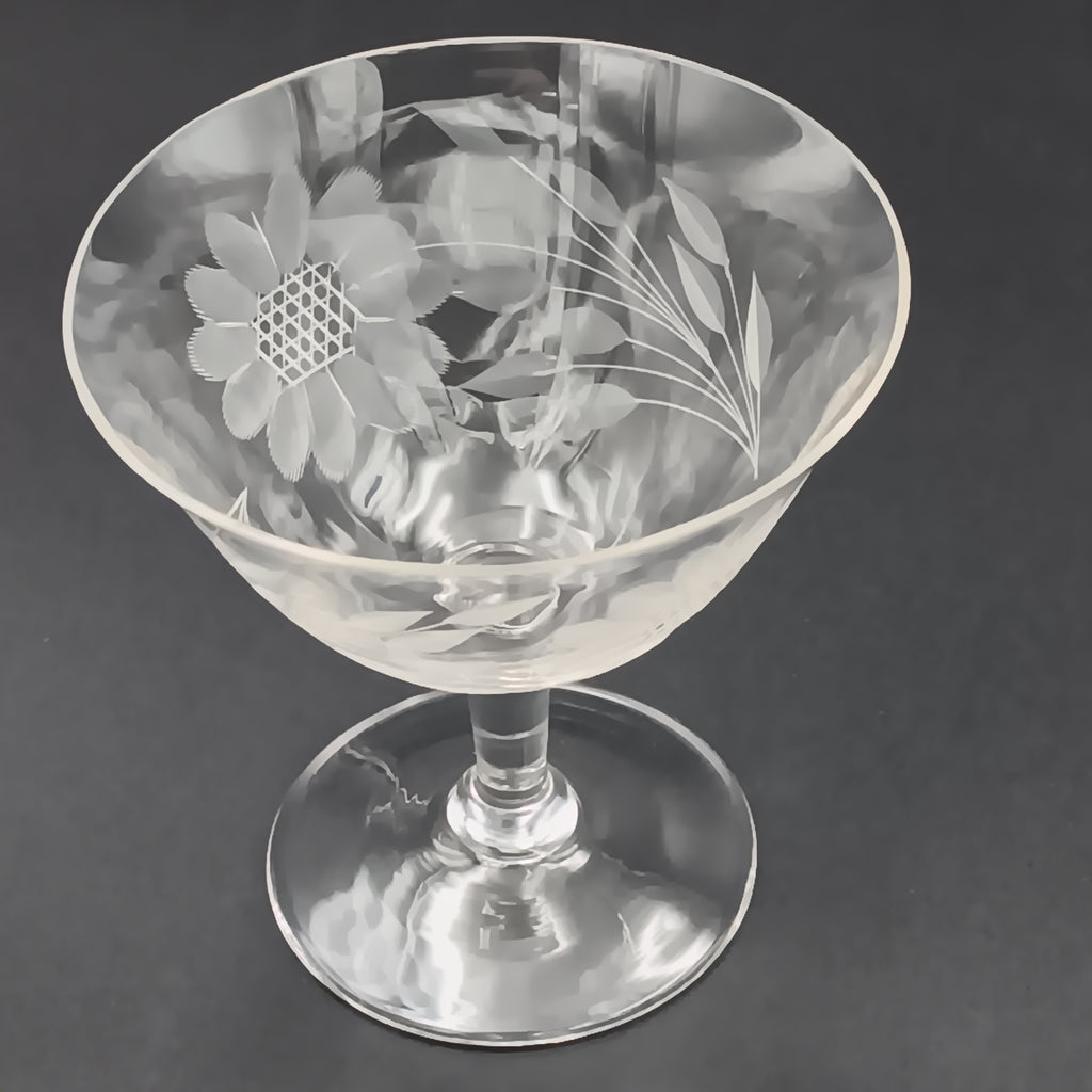 Vintage W.J. Hughes Cornflower sherbet glass with etched floral design, featuring a wide bowl, short stem, and flat base, crafted from clear crystal