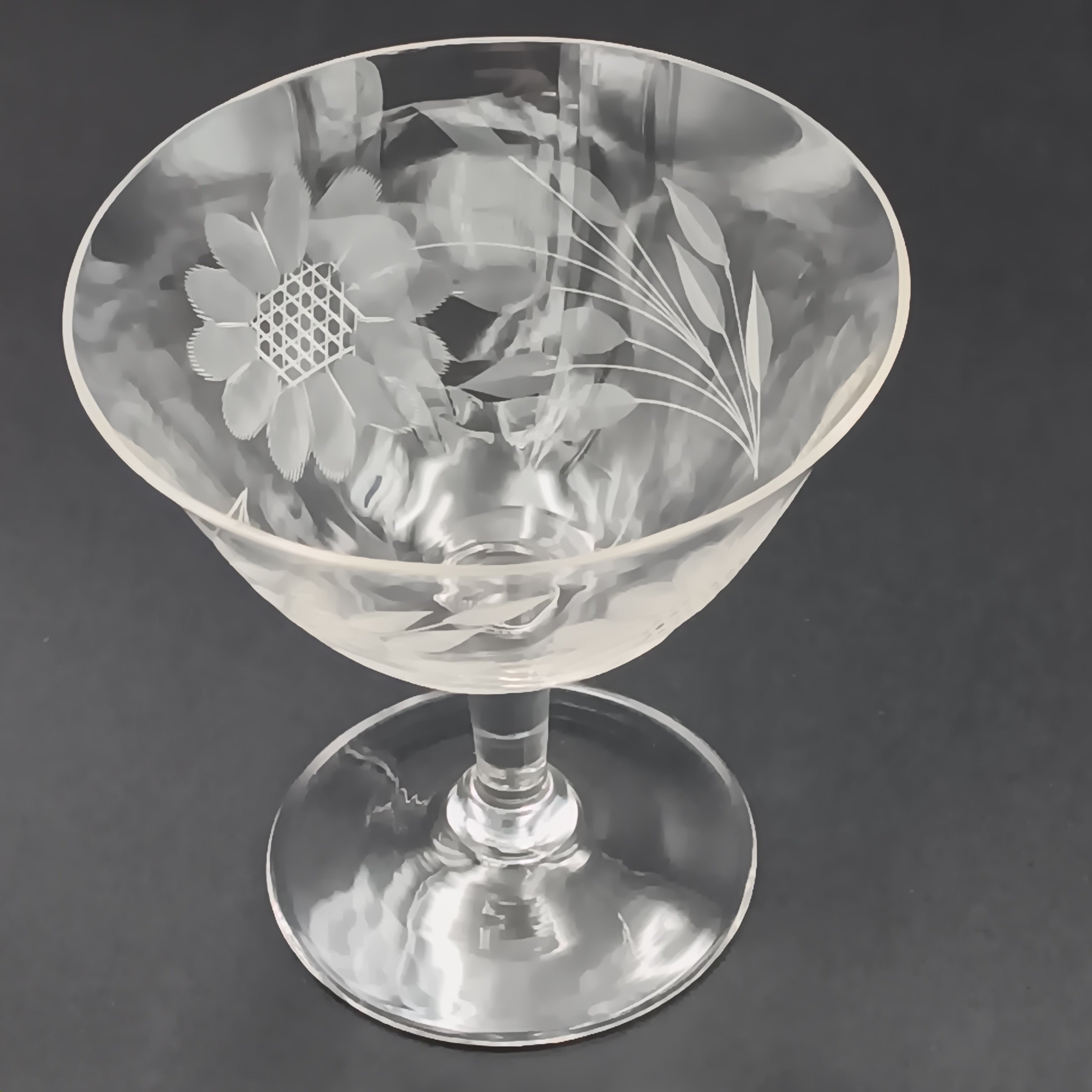Vintage W.J. Hughes Cornflower sherbet glass with etched floral design, featuring a wide bowl, short stem, and flat base, crafted from clear crystal