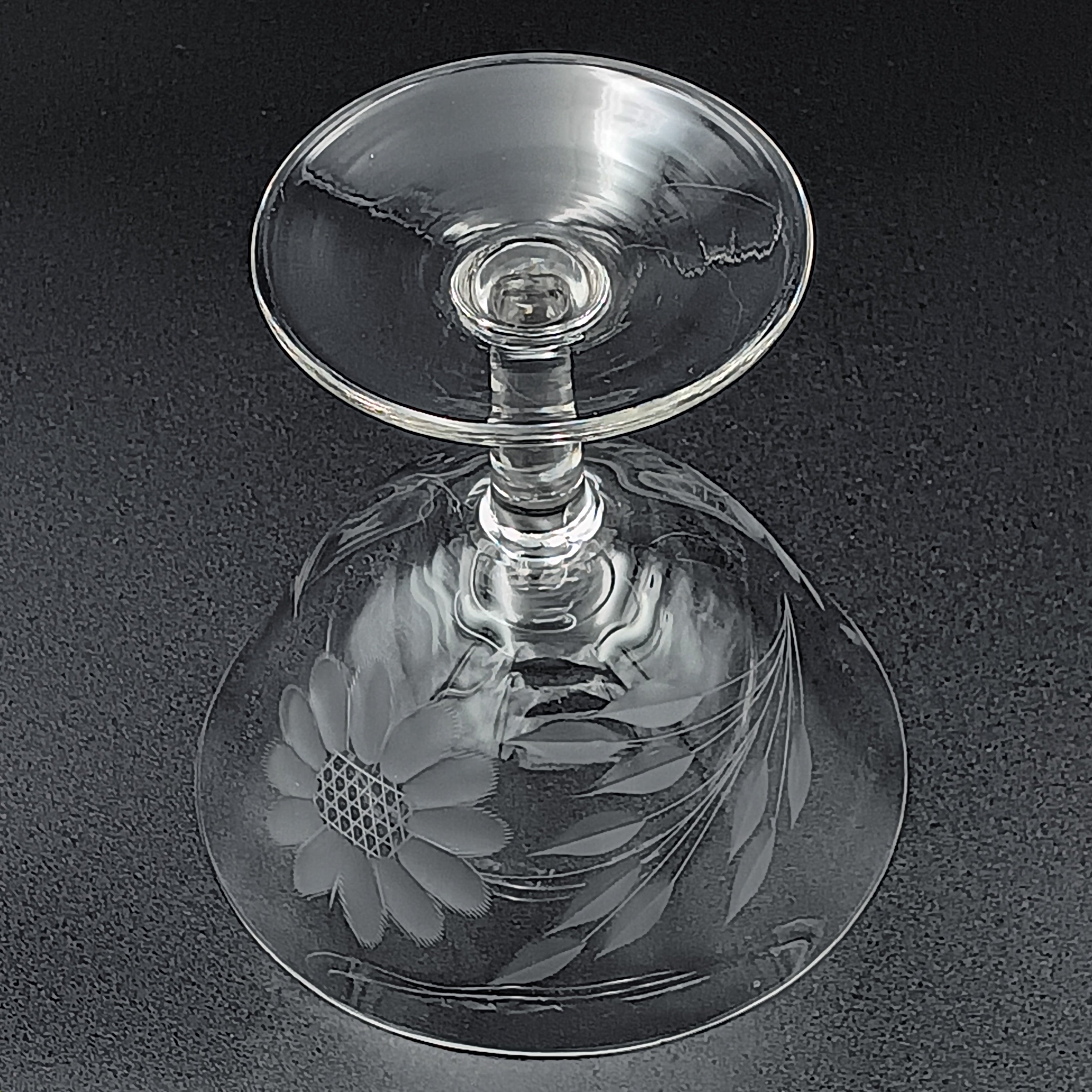 Vintage W.J. Hughes Cornflower sherbet glass with etched floral design, featuring a wide bowl, short stem, and flat base, crafted from clear crystal
