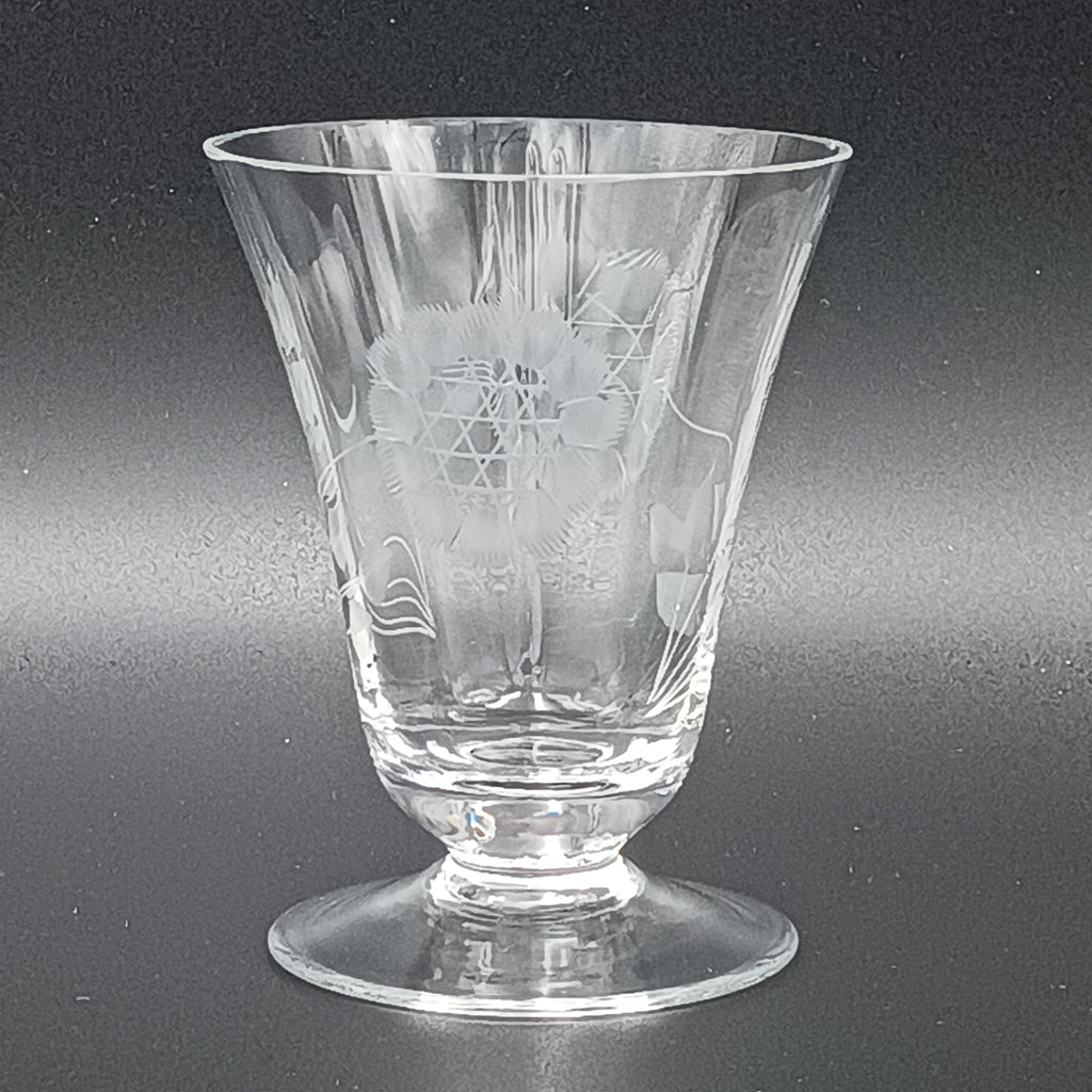 Clear glass W.J. Hughes Cornflower footed tumbler with etched floral design, wide rim tapering to a flared circular base
