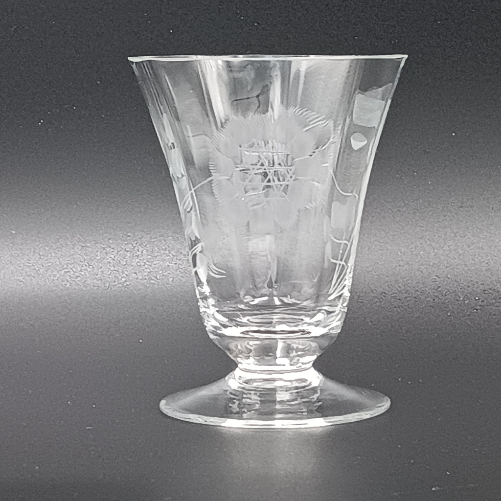Clear glass W.J. Hughes Cornflower footed tumbler with etched floral design, wide rim tapering to a flared circular base