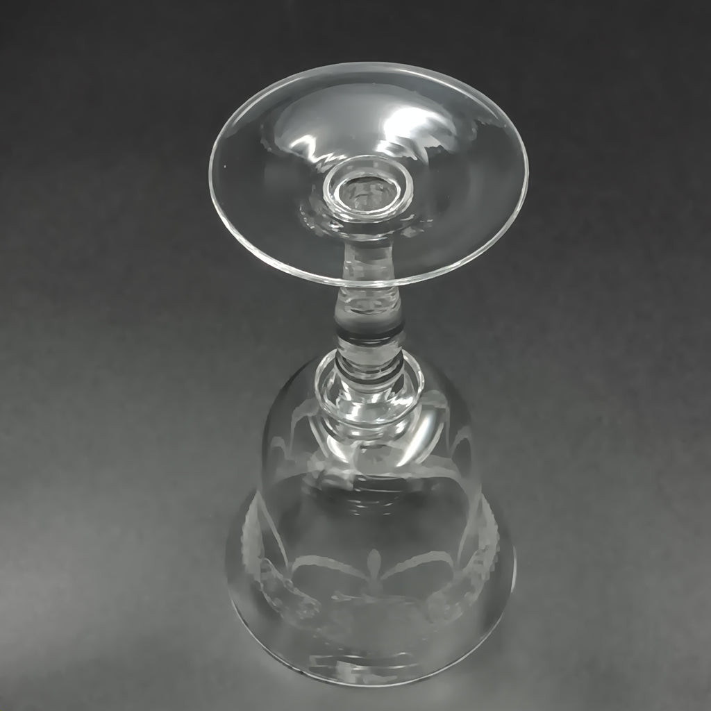 Clear 4½-inch etched crystal wine glass with ornate floral and crown-like patterns on the bowl, faceted stem, and wide flat base