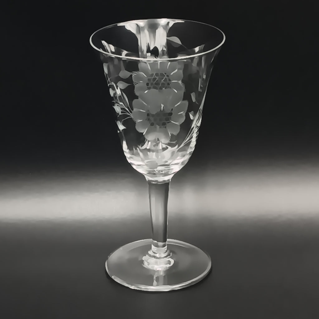 Vintage W J Hughes Cornflower crystal water goblet with smooth stem and hand-etched floral design