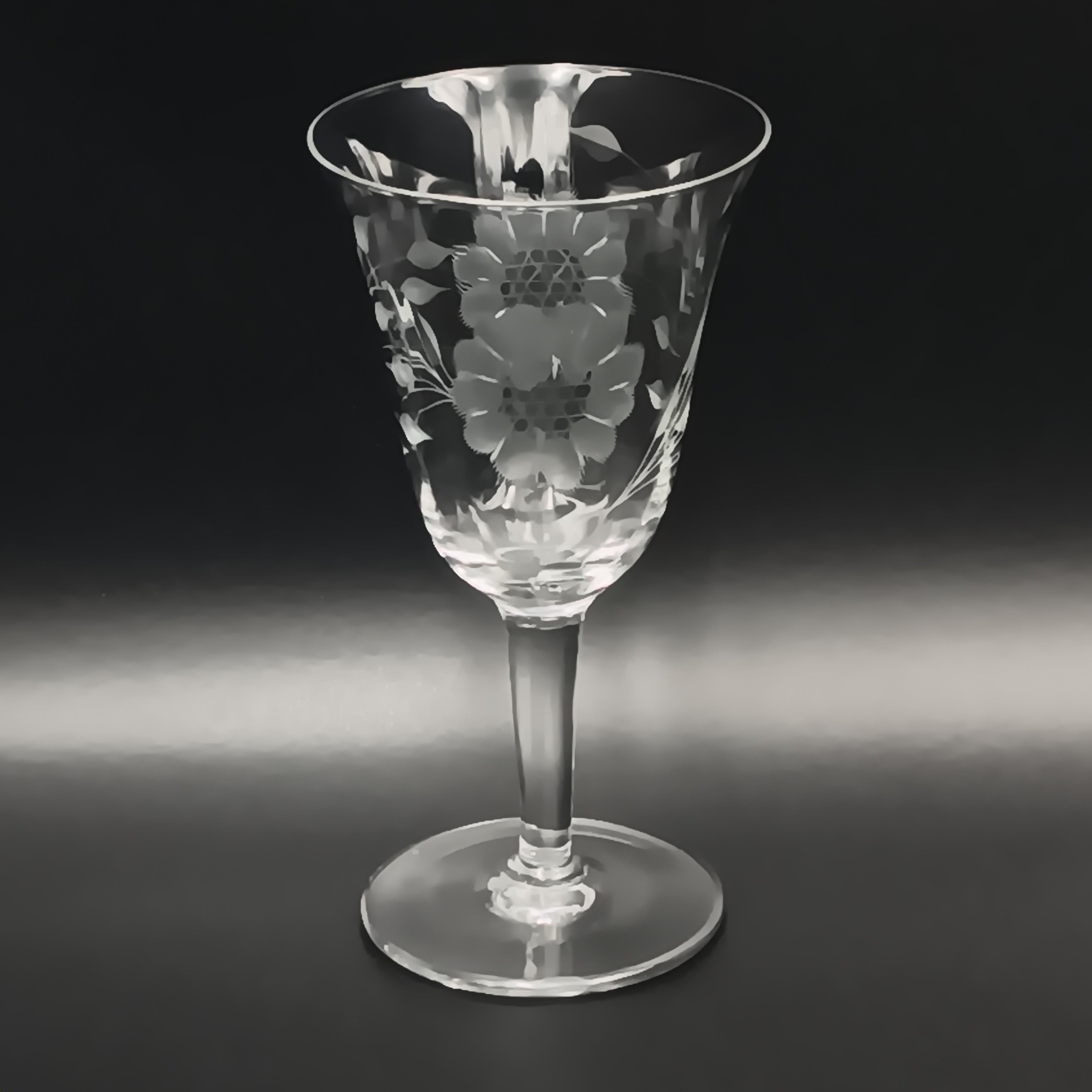 Vintage W J Hughes Cornflower crystal water goblet with smooth stem and hand-etched floral design