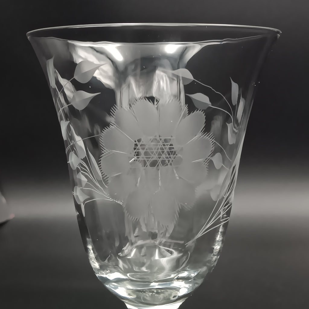 Vintage W J Hughes Cornflower crystal water goblet with smooth stem and hand-etched floral design