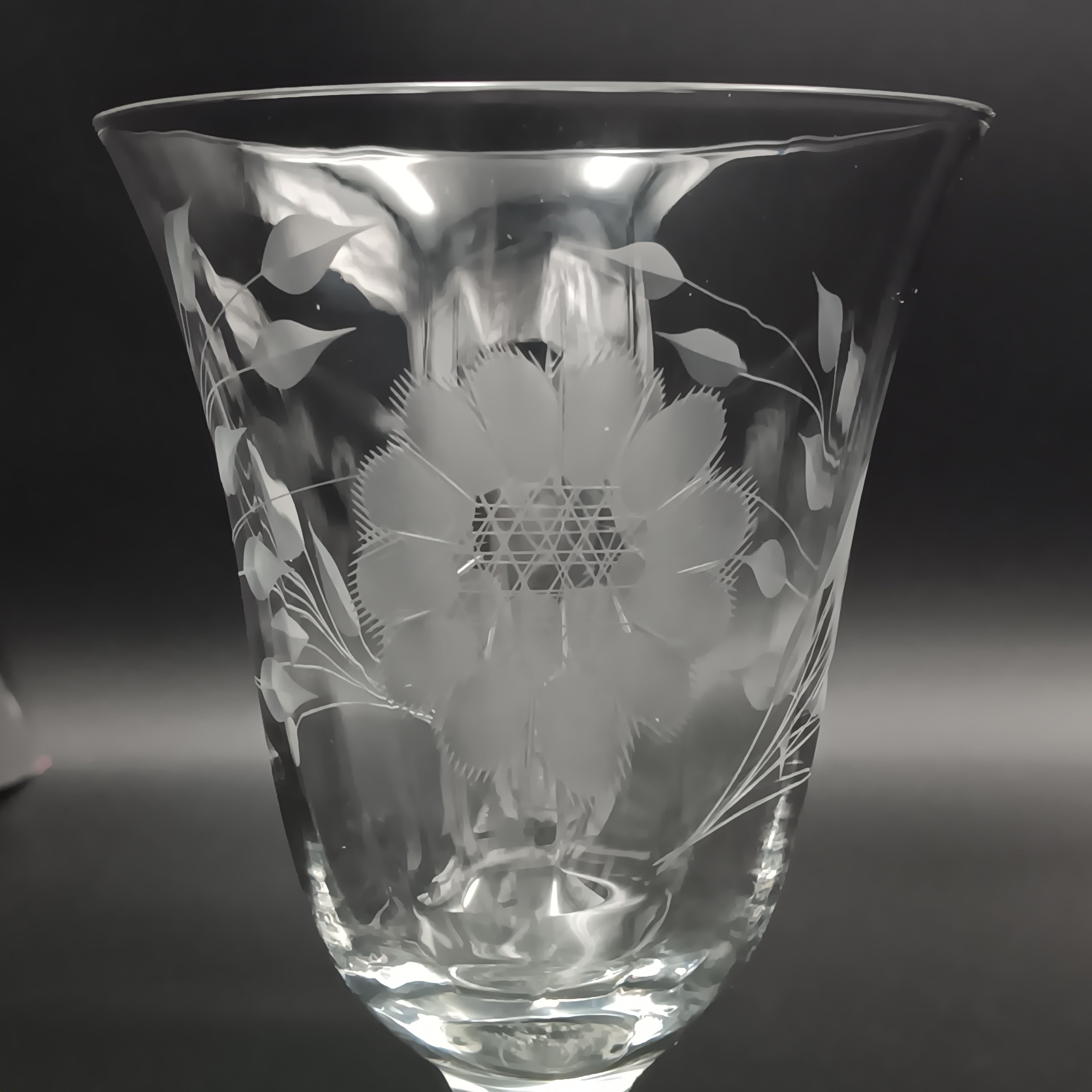 Vintage W J Hughes Cornflower crystal water goblet with smooth stem and hand-etched floral design