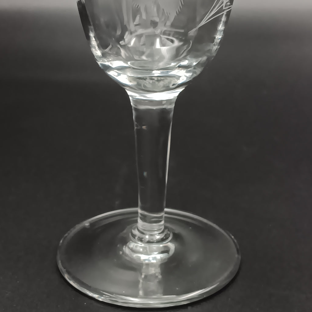Vintage W J Hughes Cornflower crystal water goblet with smooth stem and hand-etched floral design