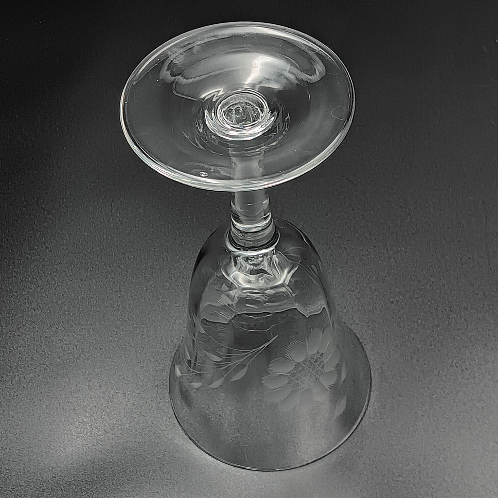 Vintage W J Hughes Cornflower crystal water goblet with smooth stem and hand-etched floral design