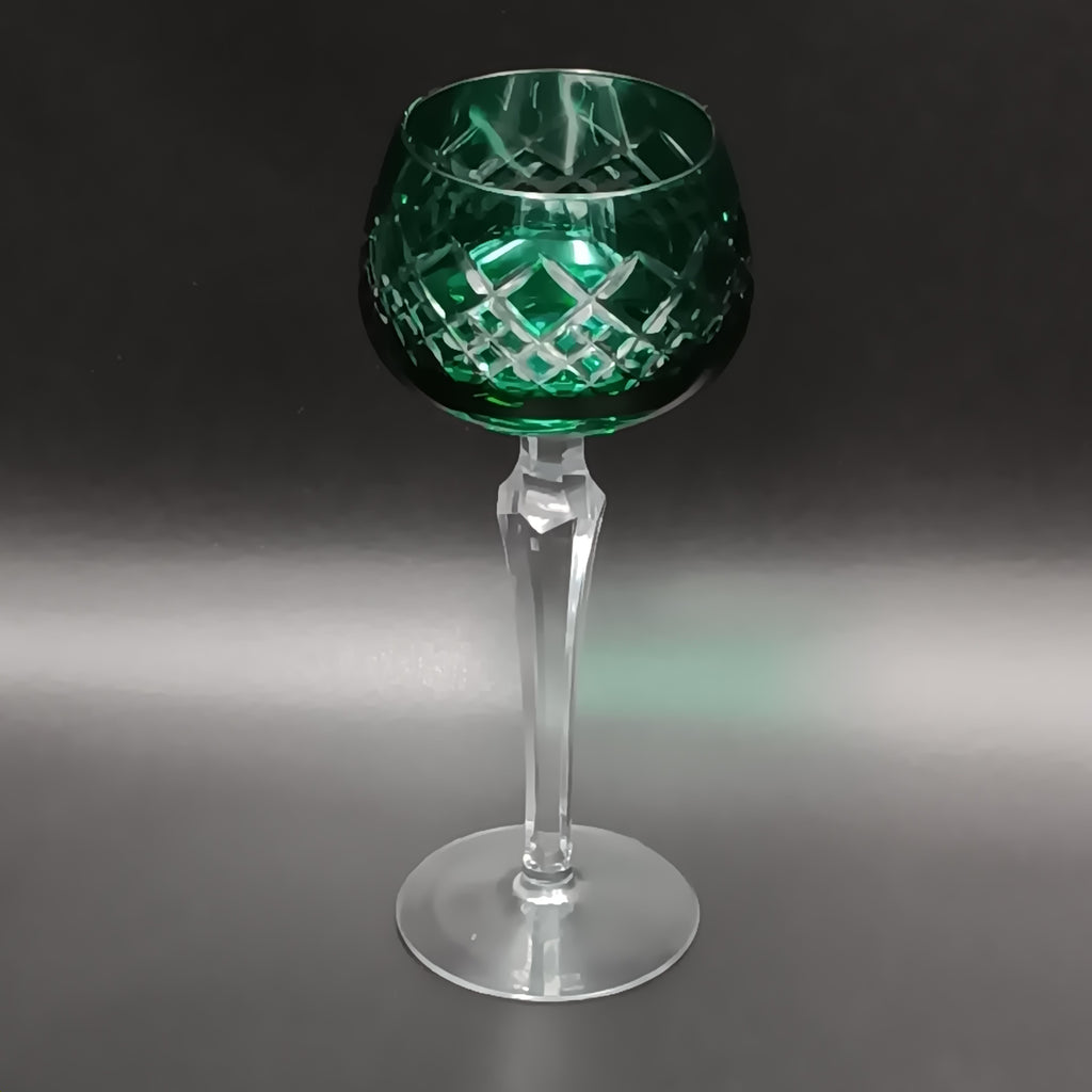 Elegant 7 5/8-inch cut to clear crystal wine glass with emerald green diamond-cut bowl, faceted clear stem, and round clear base