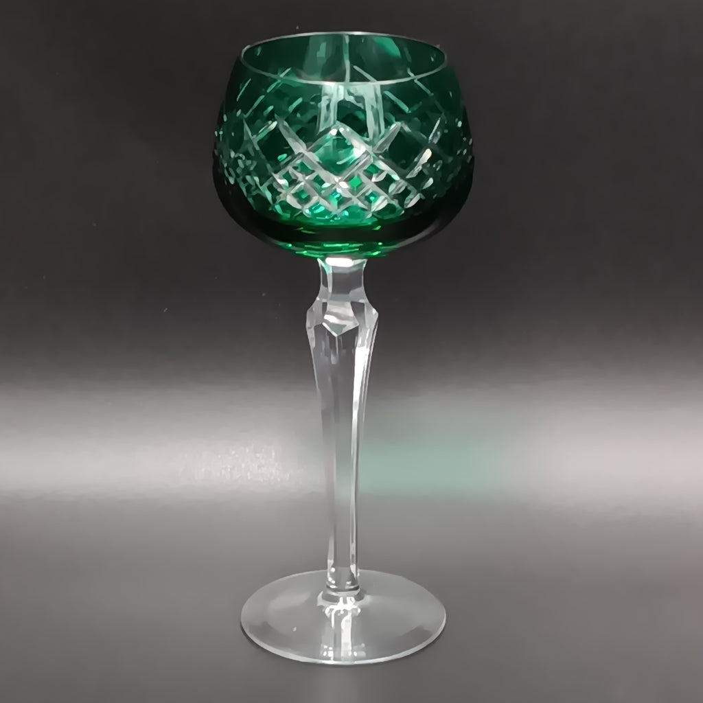 Elegant 7 5/8-inch cut to clear crystal wine glass with emerald green diamond-cut bowl, faceted clear stem, and round clear base