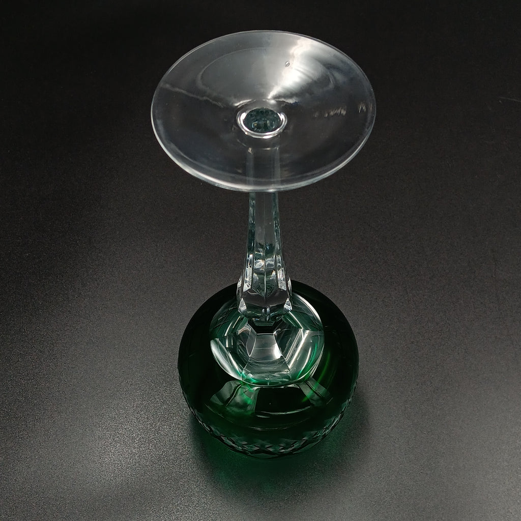 Elegant 7 5/8-inch cut to clear crystal wine glass with emerald green diamond-cut bowl, faceted clear stem, and round clear base
