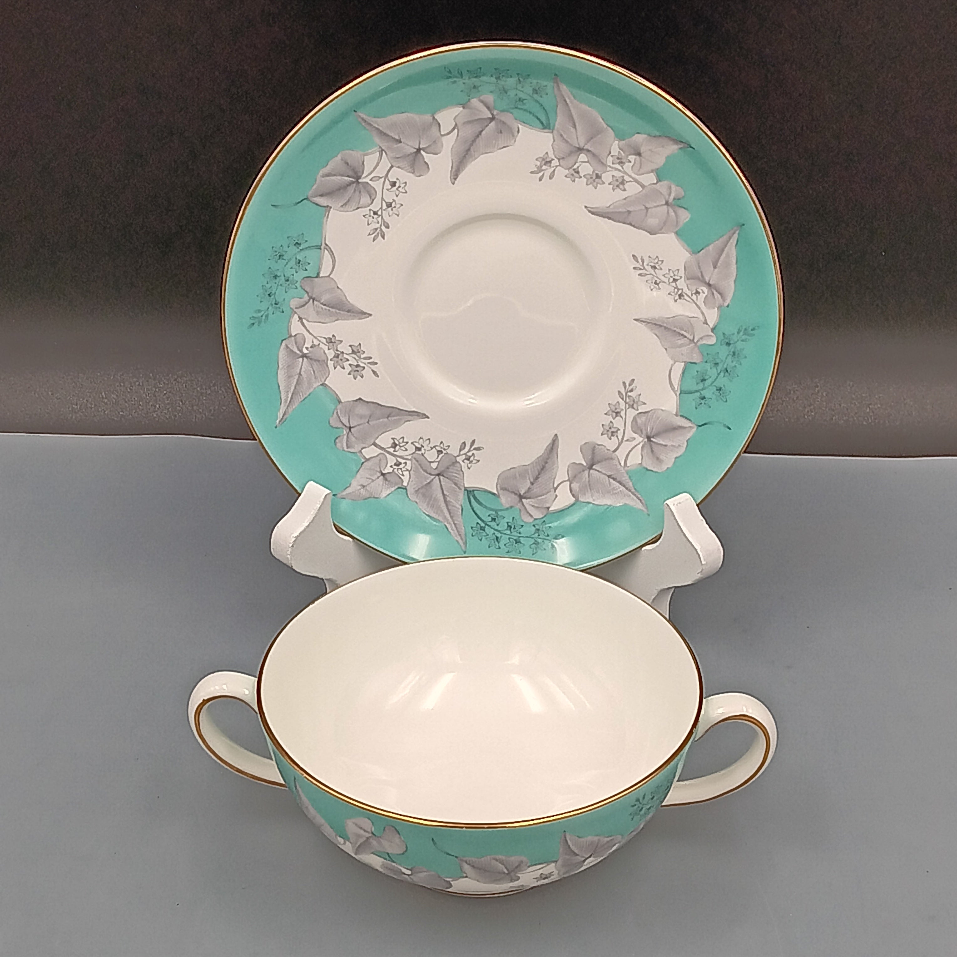 Wedgwood 'Buxton Turquoise' Double-Handled Soup Bowl & Saucer – Set of Four(4)