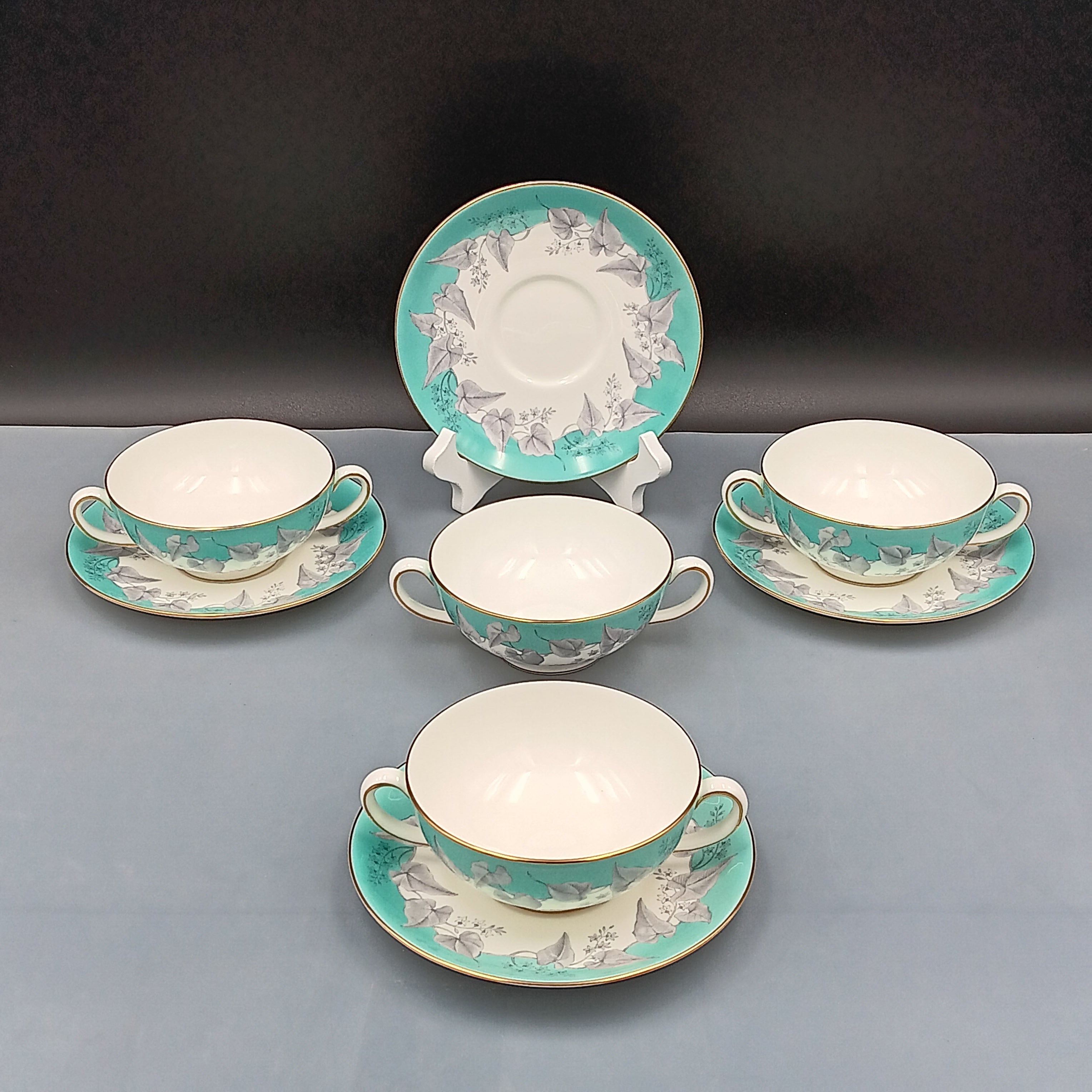 Wedgwood 'Buxton Turquoise' Double-Handled Soup Bowl & Saucer – Set of Four(4)