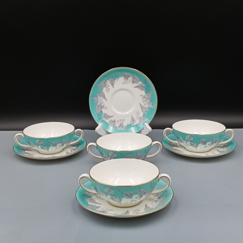 Wedgwood 'Buxton Turquoise' Double-Handled Soup Bowl & Saucer – Set of Four(4)