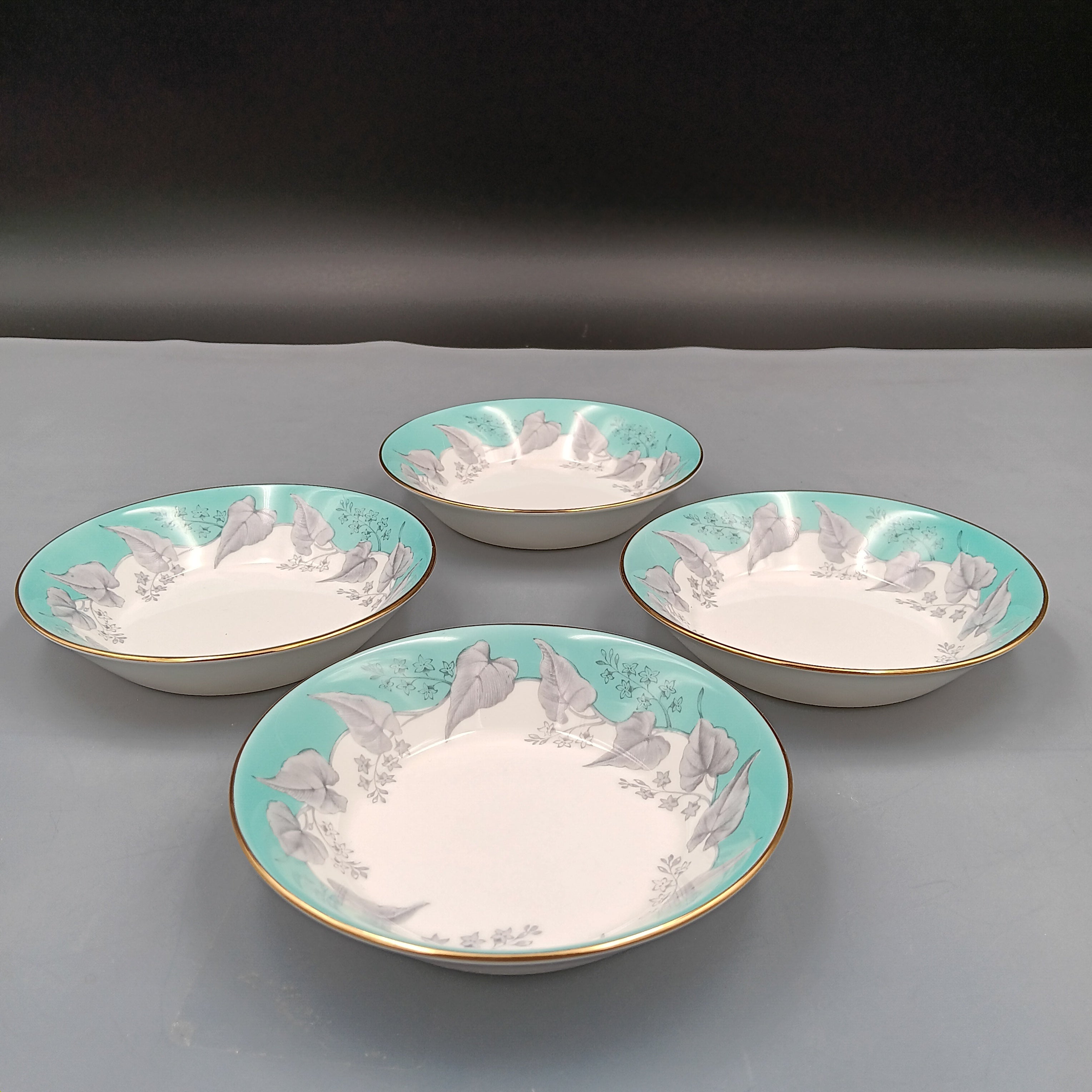Wedgwood Buxton Turquoise soup bowl with gold rim and floral motif, bone china, England 1960s