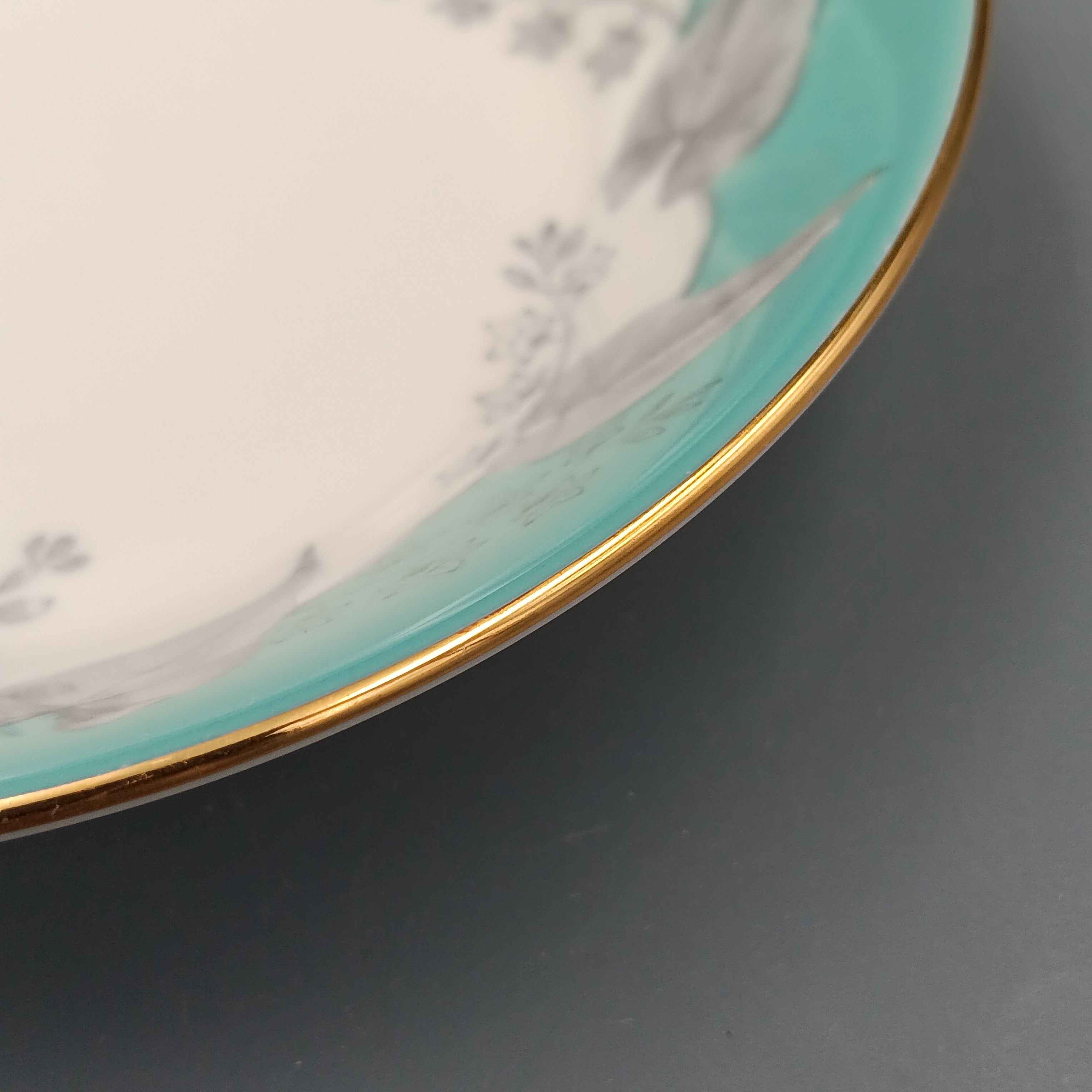 Wedgwood Buxton Turquoise soup bowl with gold rim and floral motif, bone china, England 1960s