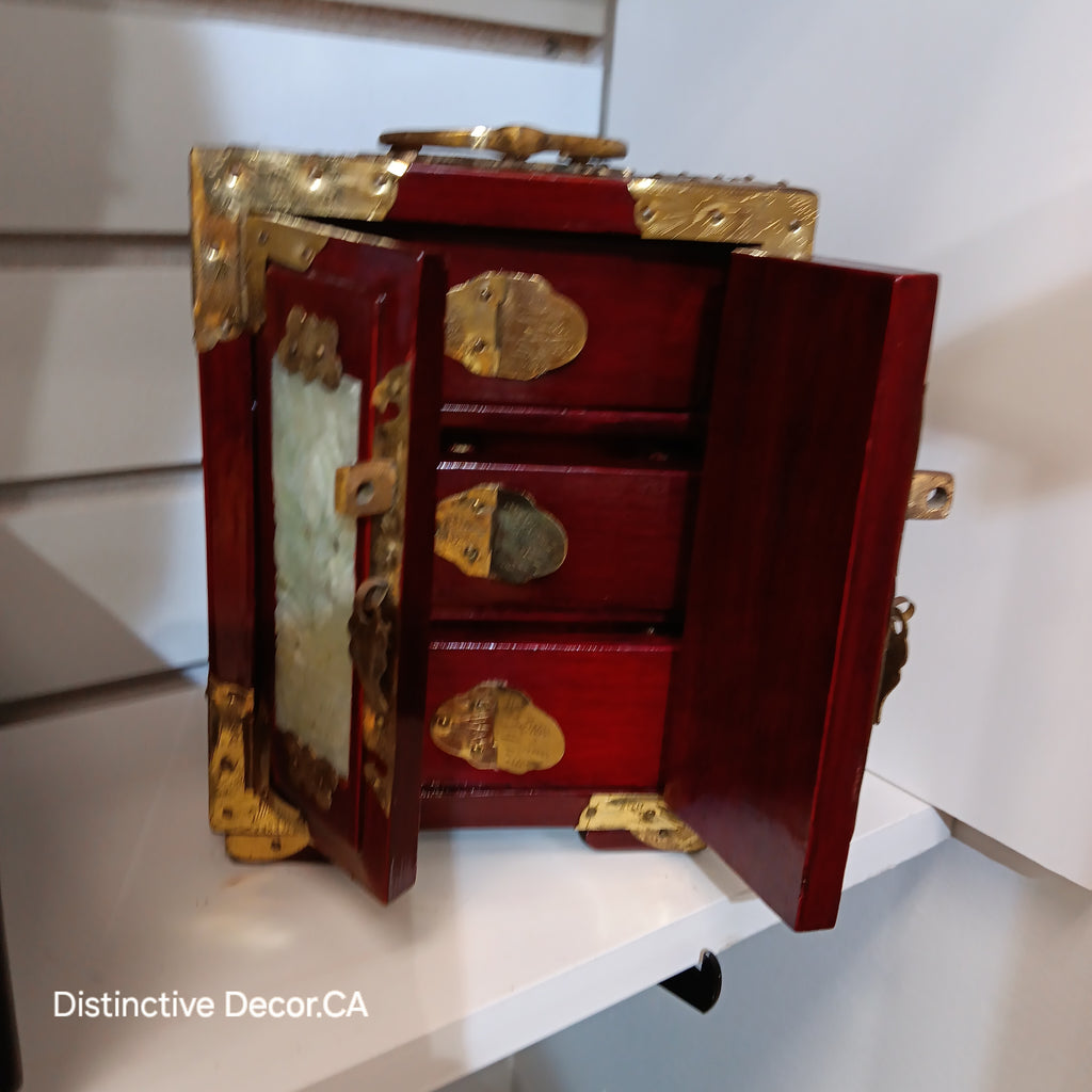 Rosewood & Jade Asian Three Drawer Jewelry Box made in Shanghai