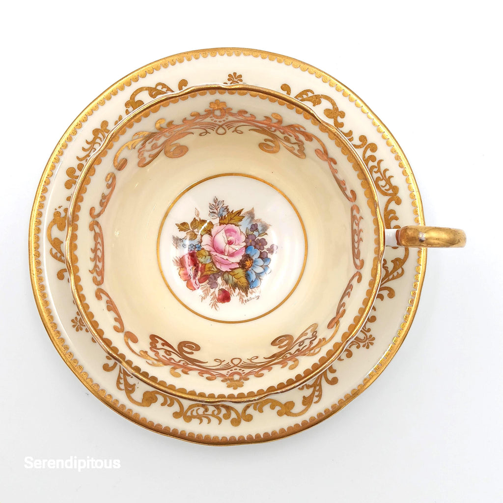 Aynsley Signed by J A Bailey, Hand-Painted floral bouquet, Yellow & Gold Fine Bone China