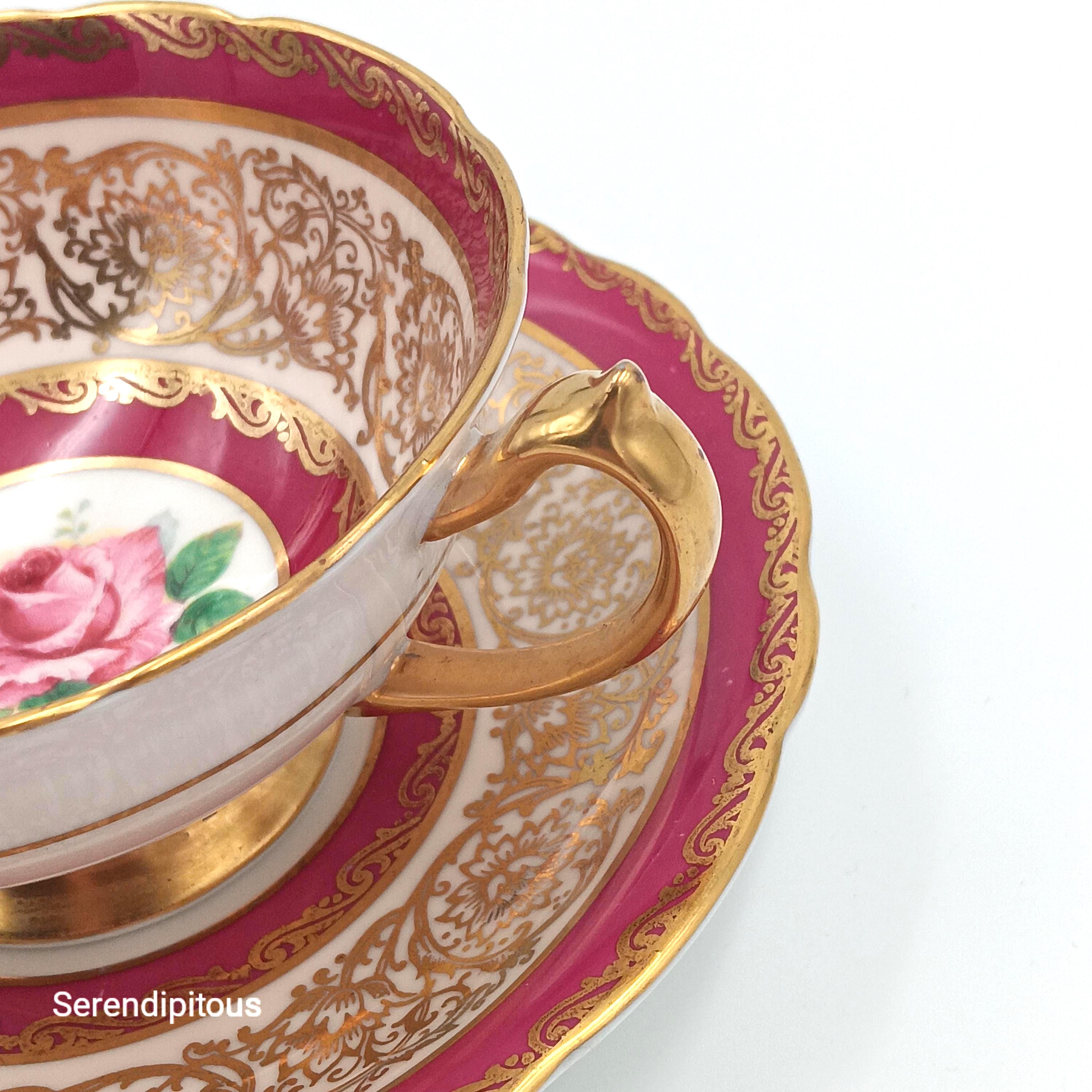 Paragon's  'Rose Bud Maroon' Double Warranted Teacup & Saucer with Gold Filigree