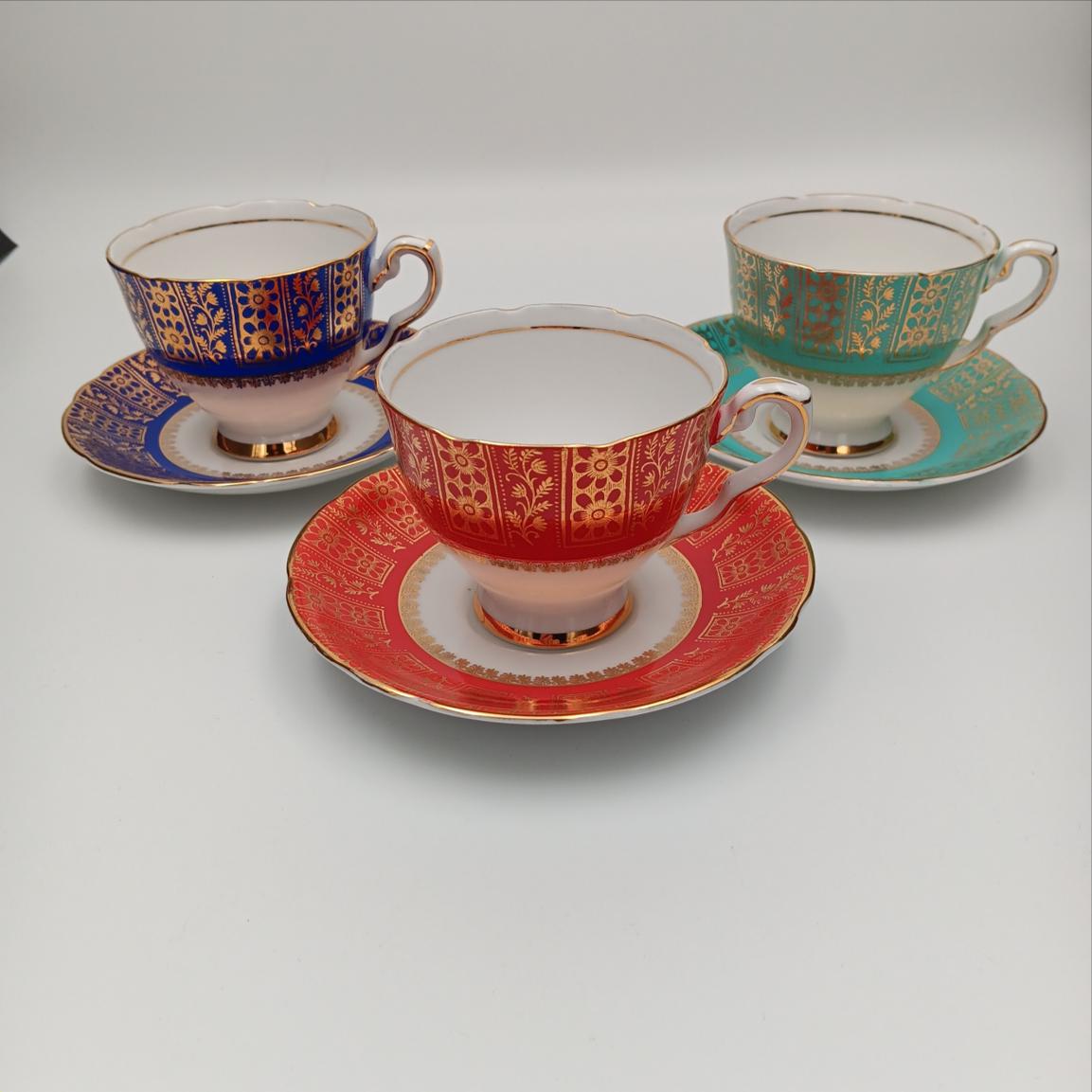 Royal Strafford Set of 3 Teacups in Burgundy, Blue and Green