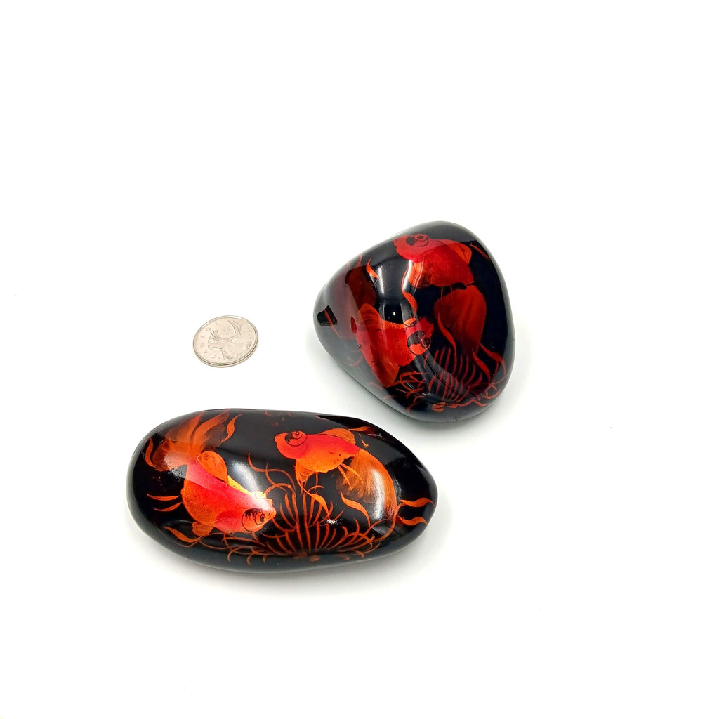 Set of Two Lacquered, Hand Painted Orange Koi Fish Stone Paperweights from Vietnam