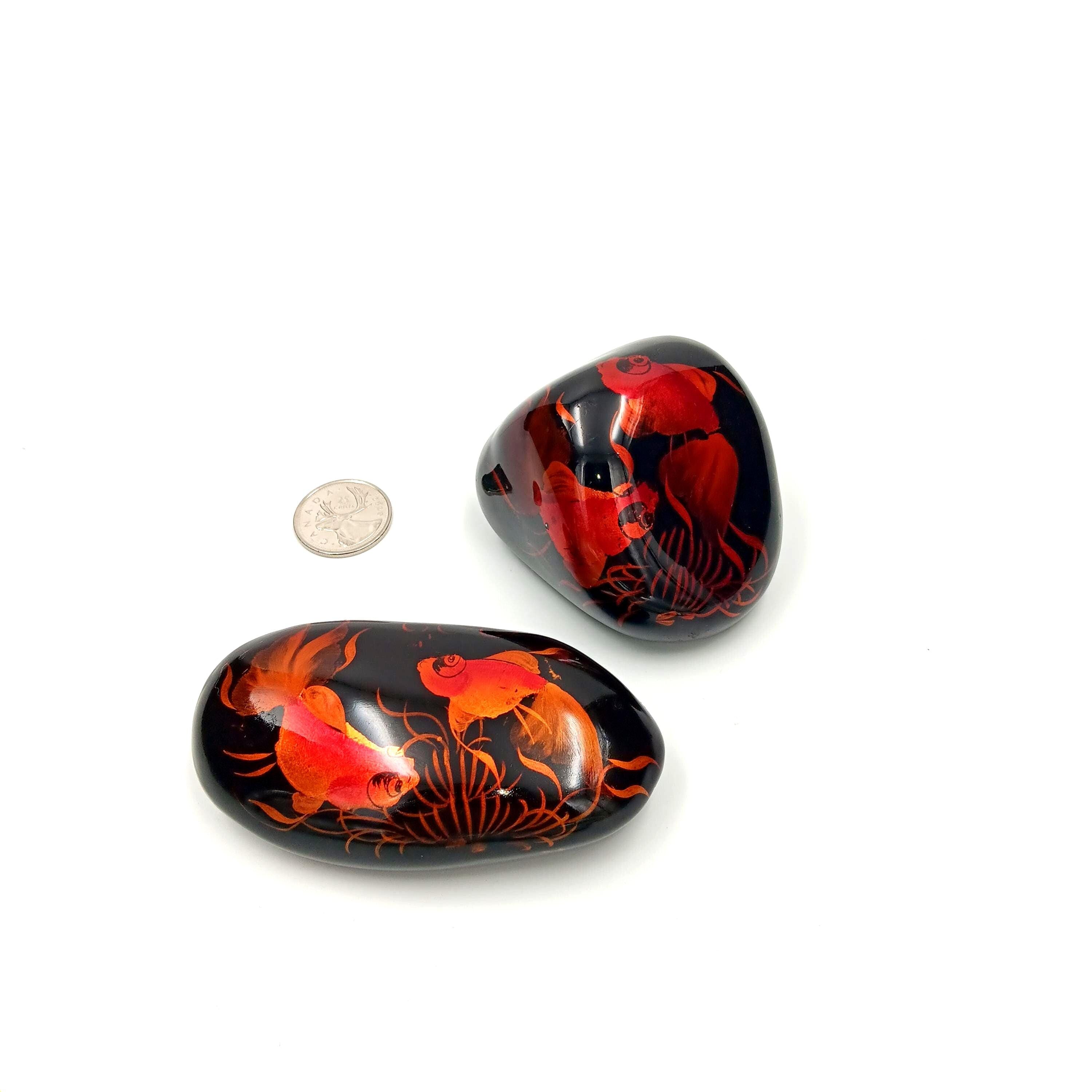 Set of Two Lacquered, Hand Painted Orange Koi Fish Stone Paperweights from Vietnam