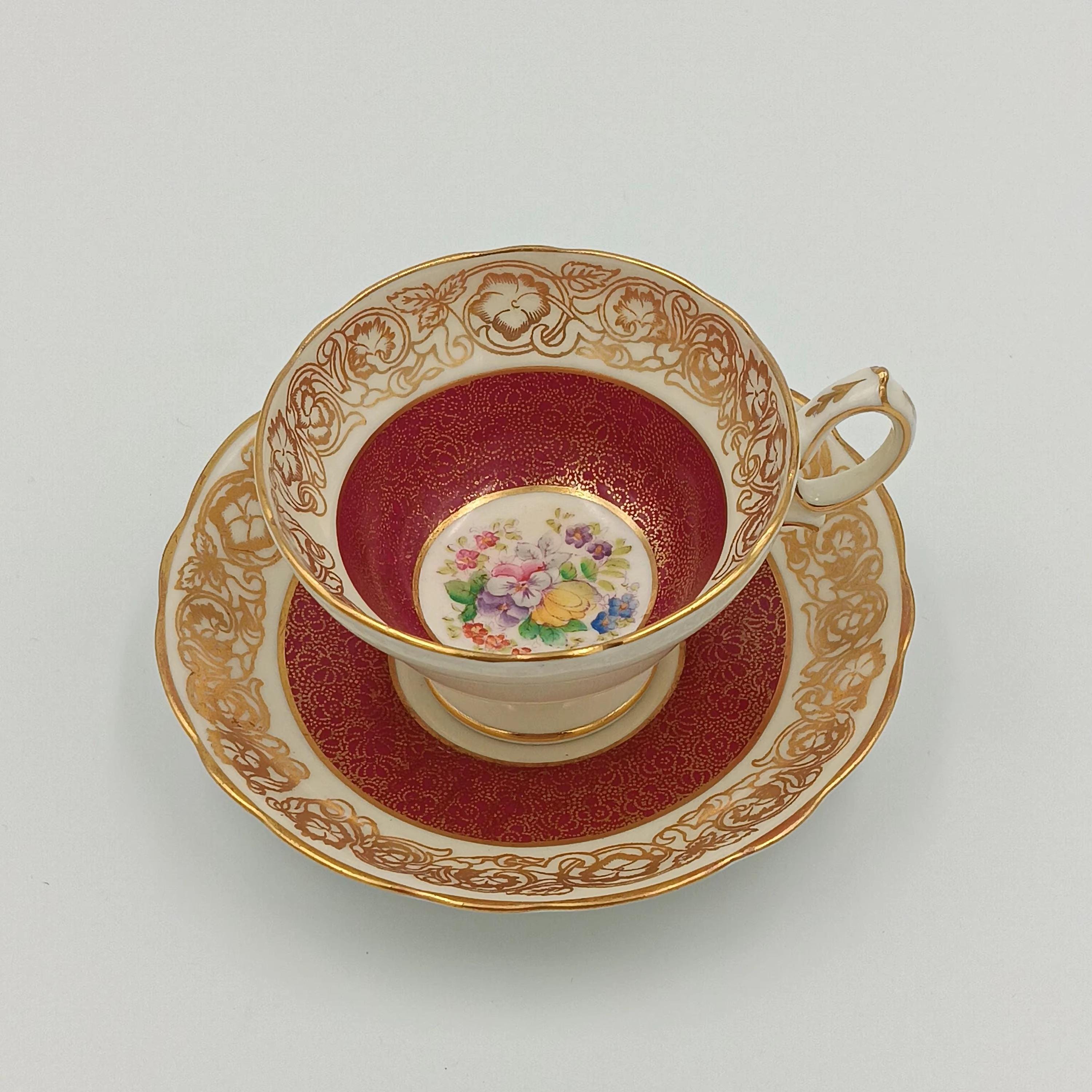 Rare Hammersley Hand Painted Red-Burgundy Teacup & Saucer