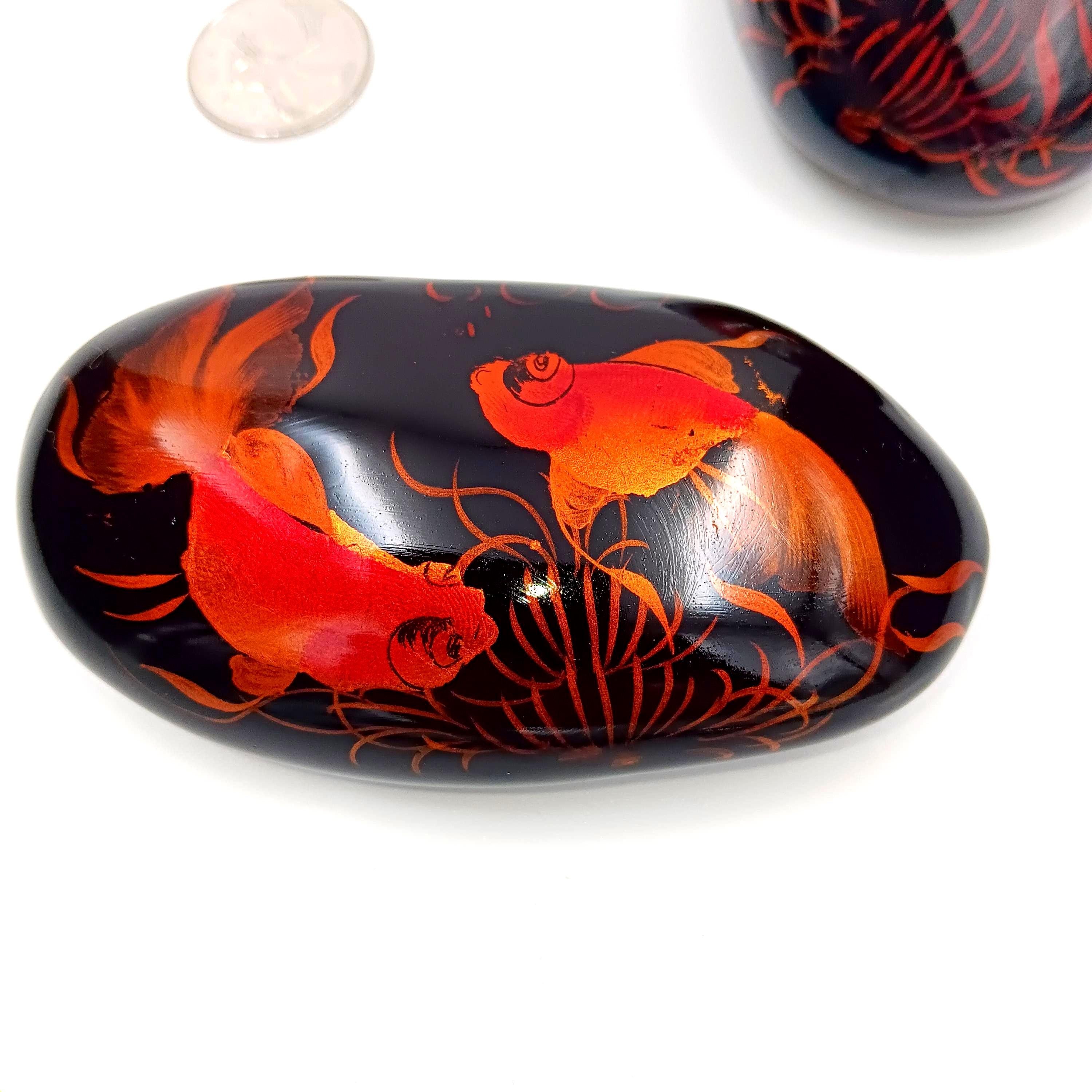 Set of Two Lacquered, Hand Painted Orange Koi Fish Stone Paperweights from Vietnam
