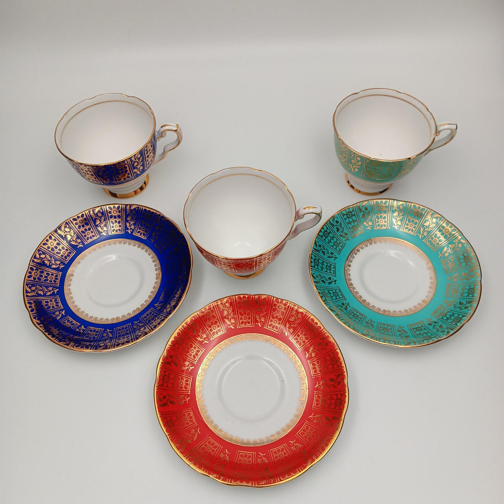 Royal Strafford Set of 3 Teacups in Burgundy, Blue and Green