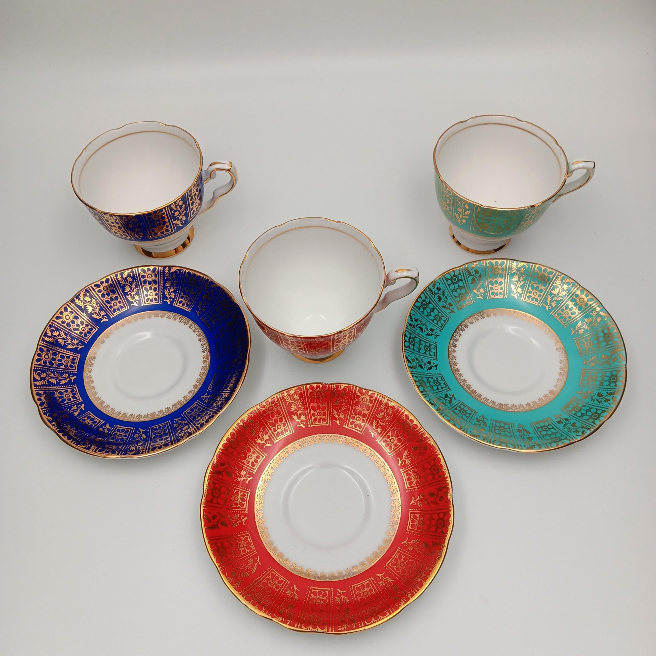 Royal Strafford Set of 3 Teacups in Burgundy, Blue and Green