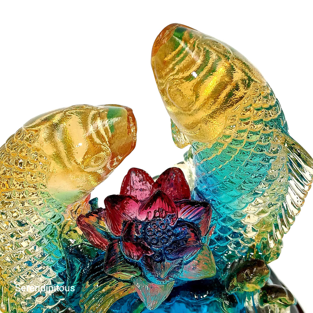 LIULI Crystal Art, Feng Shui, Koi Fish with Lotus Flower