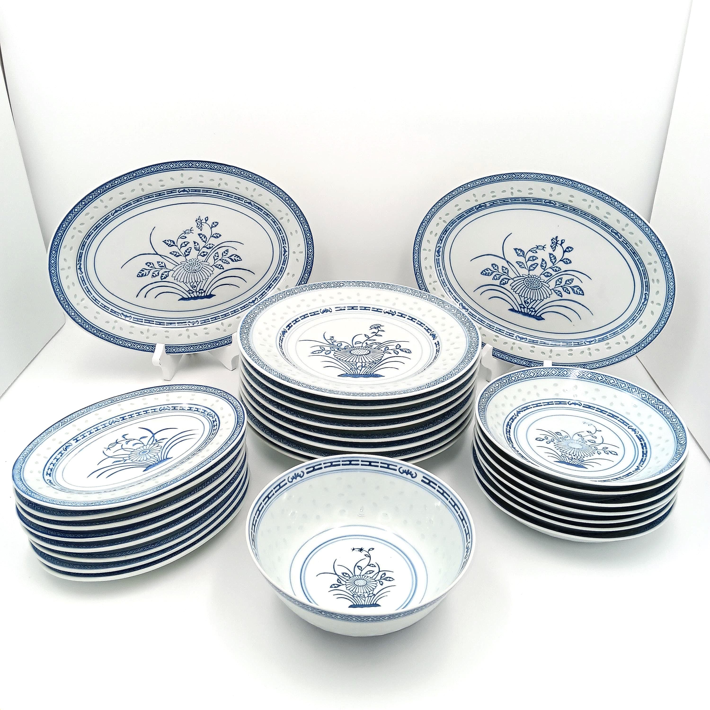 Vintage Tienshan Chinese Blue & White Rice Grain Chrysanthemum Flower Dinnerware Set, Choice Condition