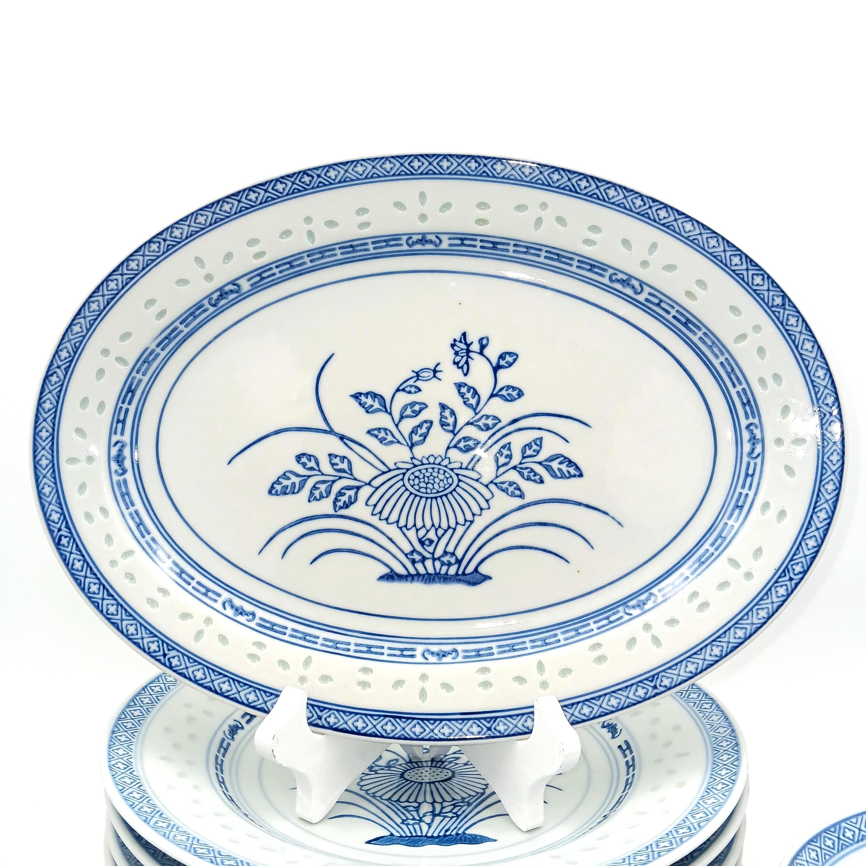 Vintage Tienshan Chinese Blue & White Rice Grain Chrysanthemum Flower Dinnerware Set, Choice Condition