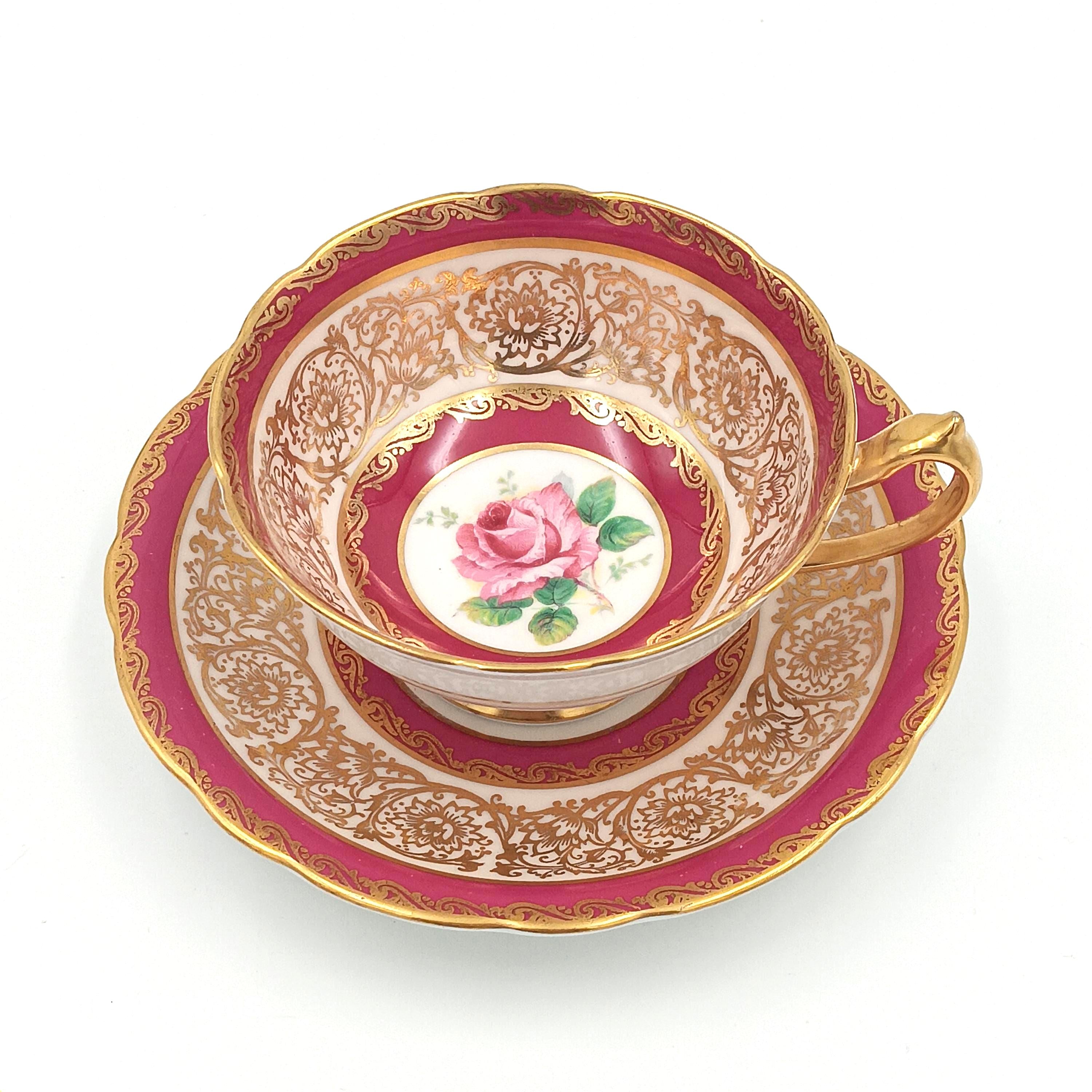 Paragon's  'Rose Bud Maroon' Double Warranted Teacup & Saucer with Gold Filigree