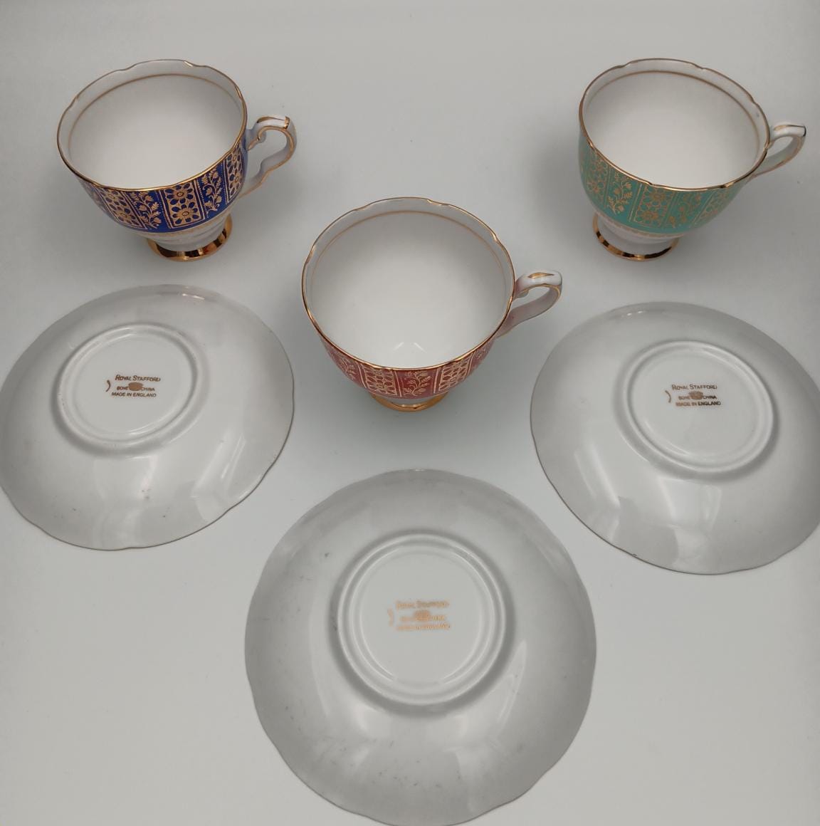 Royal Strafford Set of 3 Teacups in Burgundy, Blue and Green