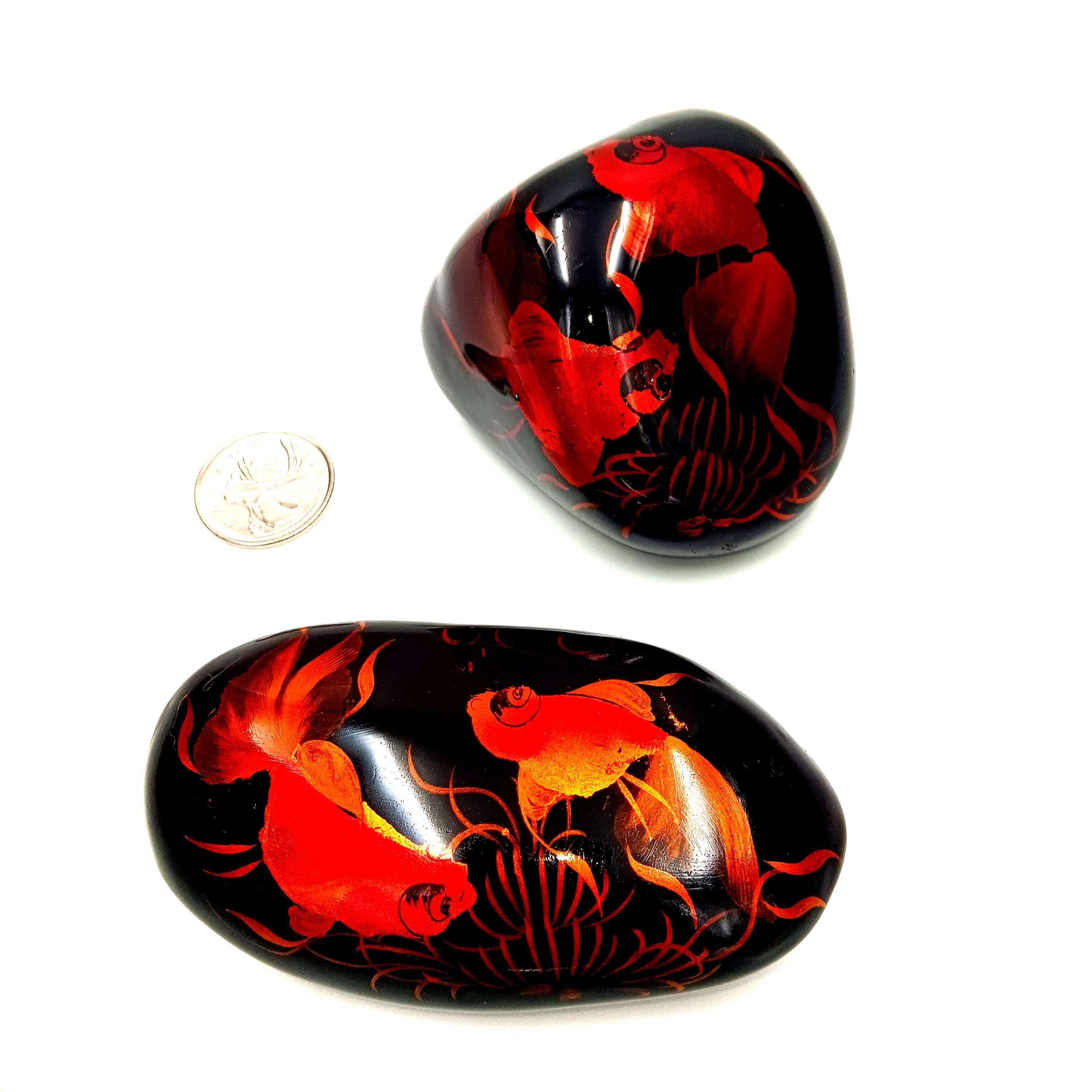 Set of Two Lacquered, Hand Painted Orange Koi Fish Stone Paperweights from Vietnam