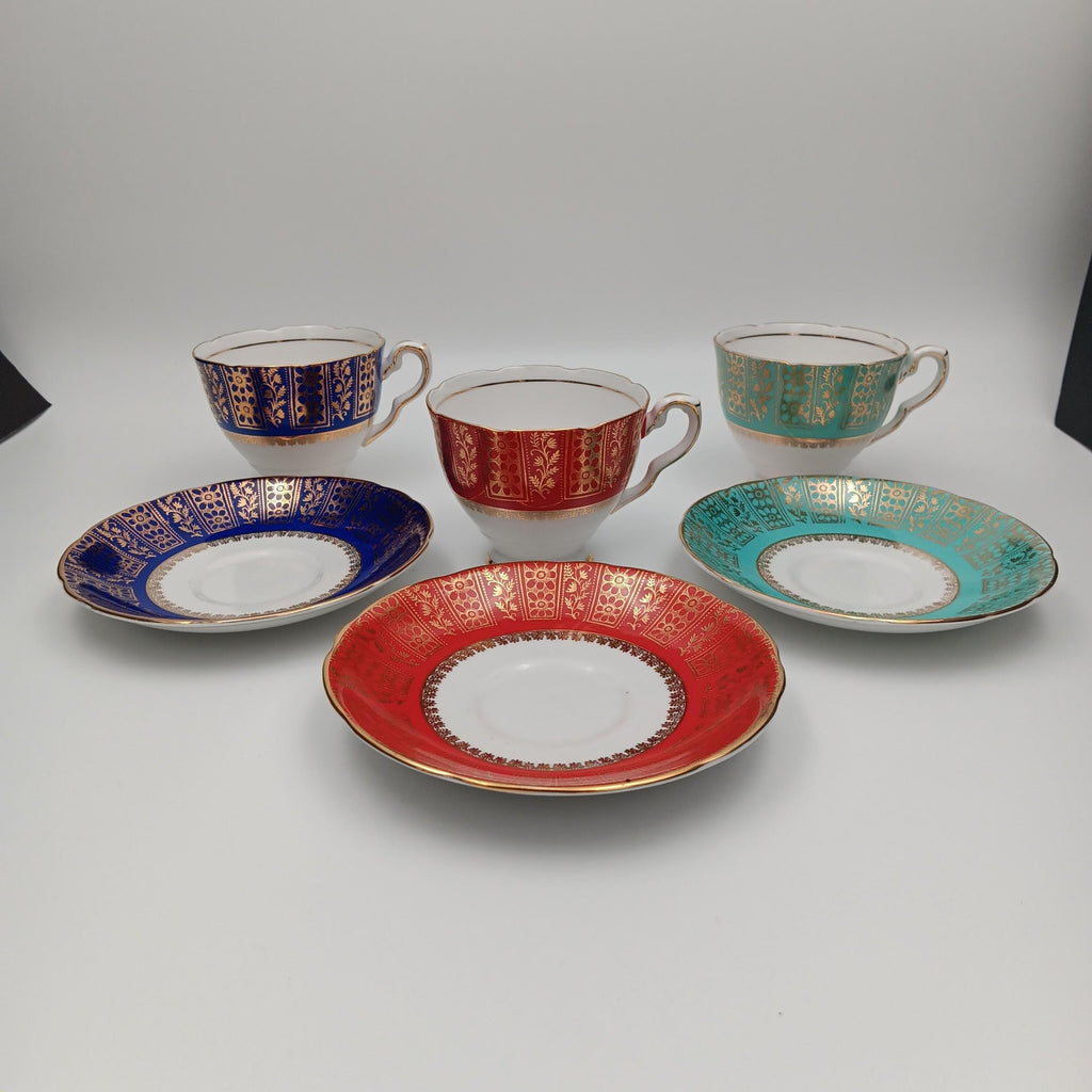 Royal Strafford Set of 3 Teacups in Burgundy, Blue and Green
