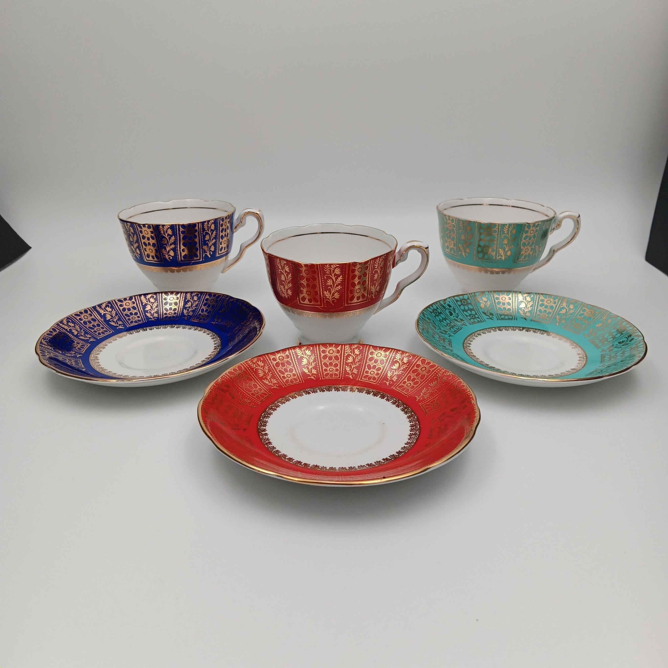Royal Strafford Set of 3 Teacups in Burgundy, Blue and Green