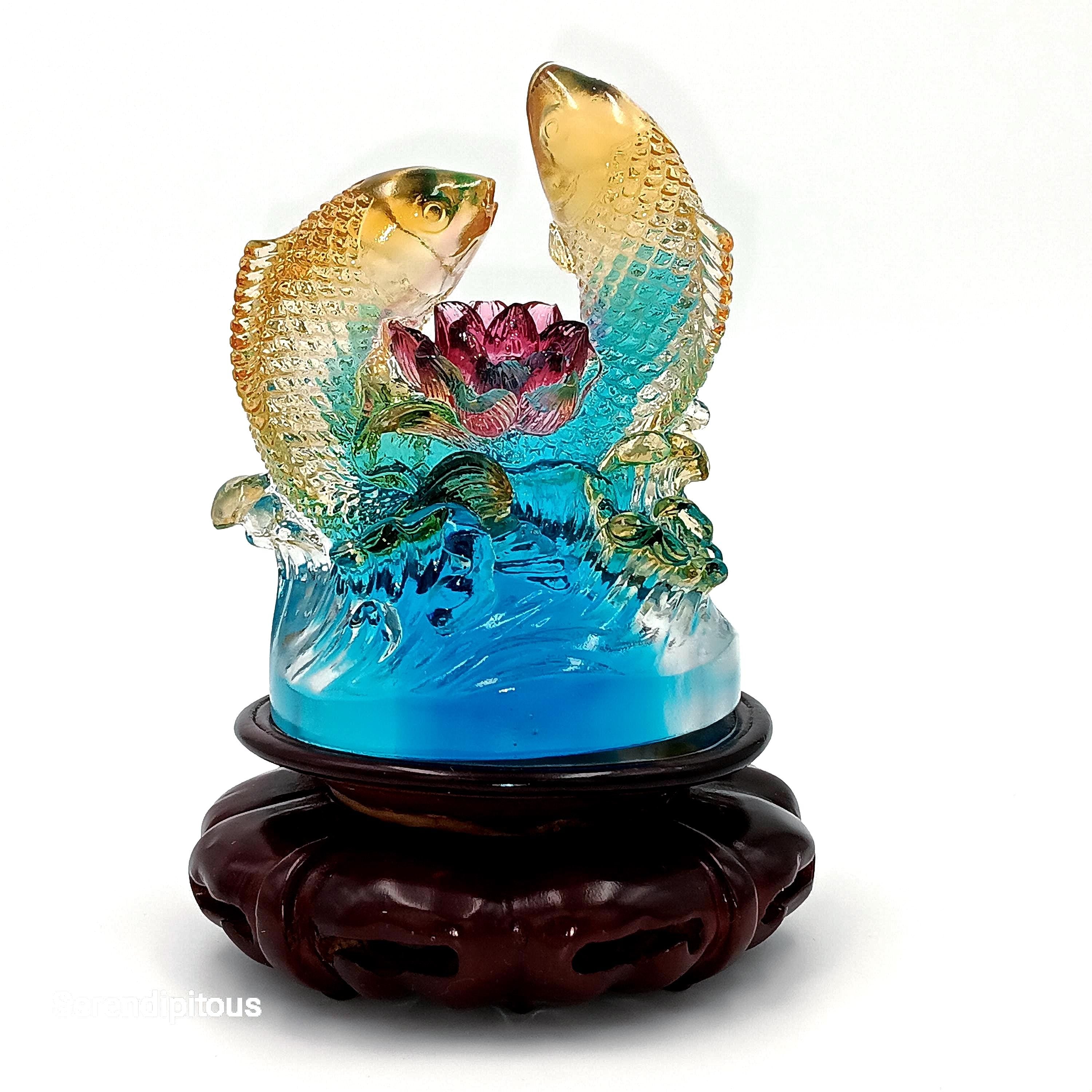 LIULI Crystal Art, Feng Shui, Koi Fish with Lotus Flower
