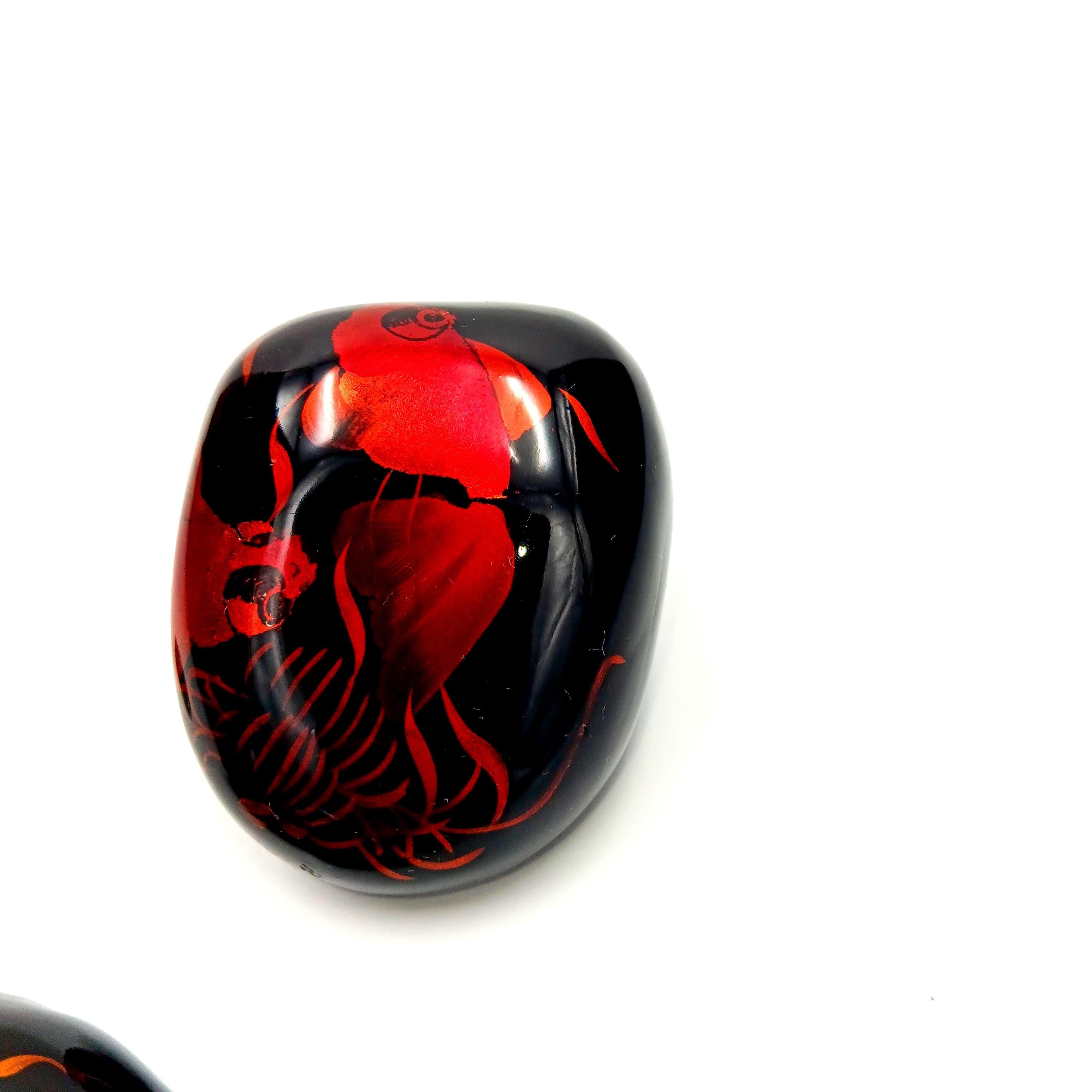 Set of Two Lacquered, Hand Painted Orange Koi Fish Stone Paperweights from Vietnam