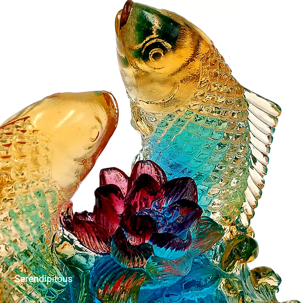 LIULI Crystal Art, Feng Shui, Koi Fish with Lotus Flower