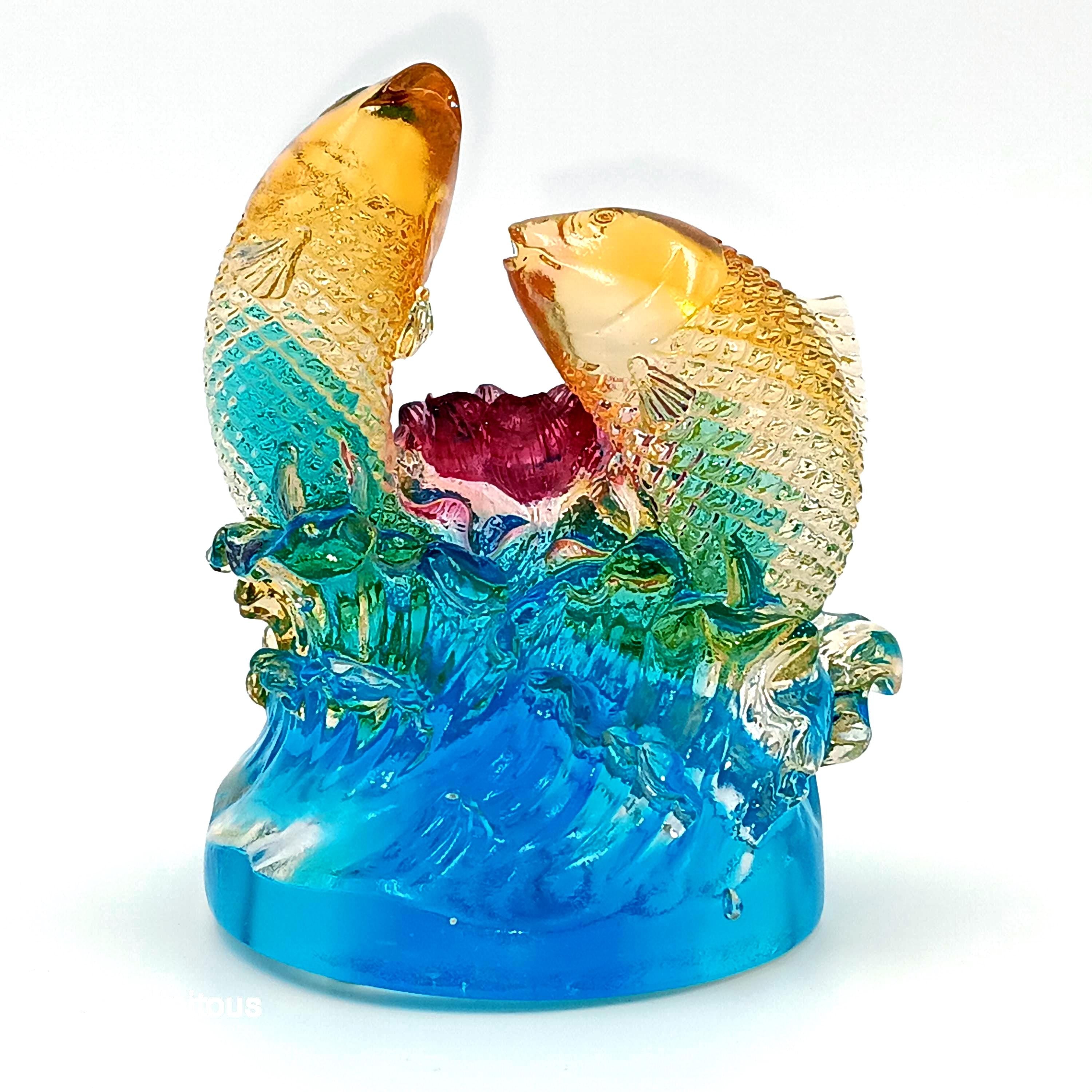 LIULI Crystal Art, Feng Shui, Koi Fish with Lotus Flower