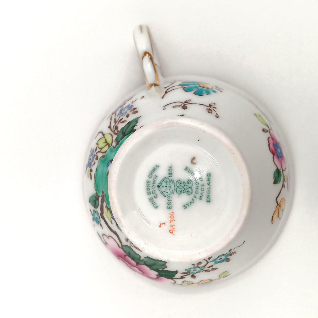 1930s Crown Staffordshire Hand-Painted Teacup & Saucer