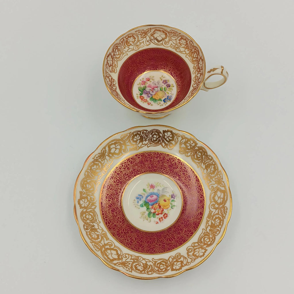 Rare Hammersley Hand Painted Red-Burgundy Teacup & Saucer