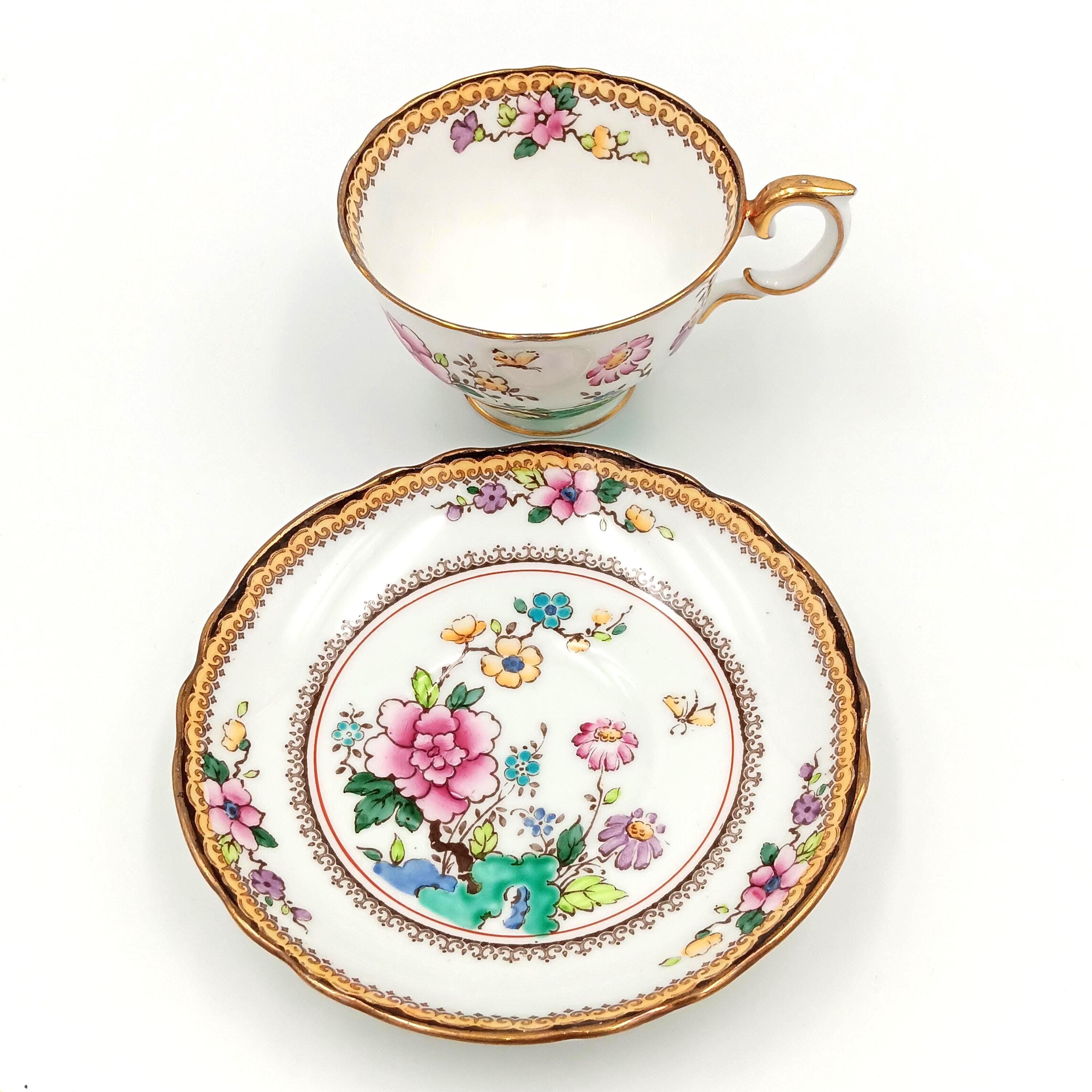 1930s Crown Staffordshire Hand-Painted Teacup & Saucer